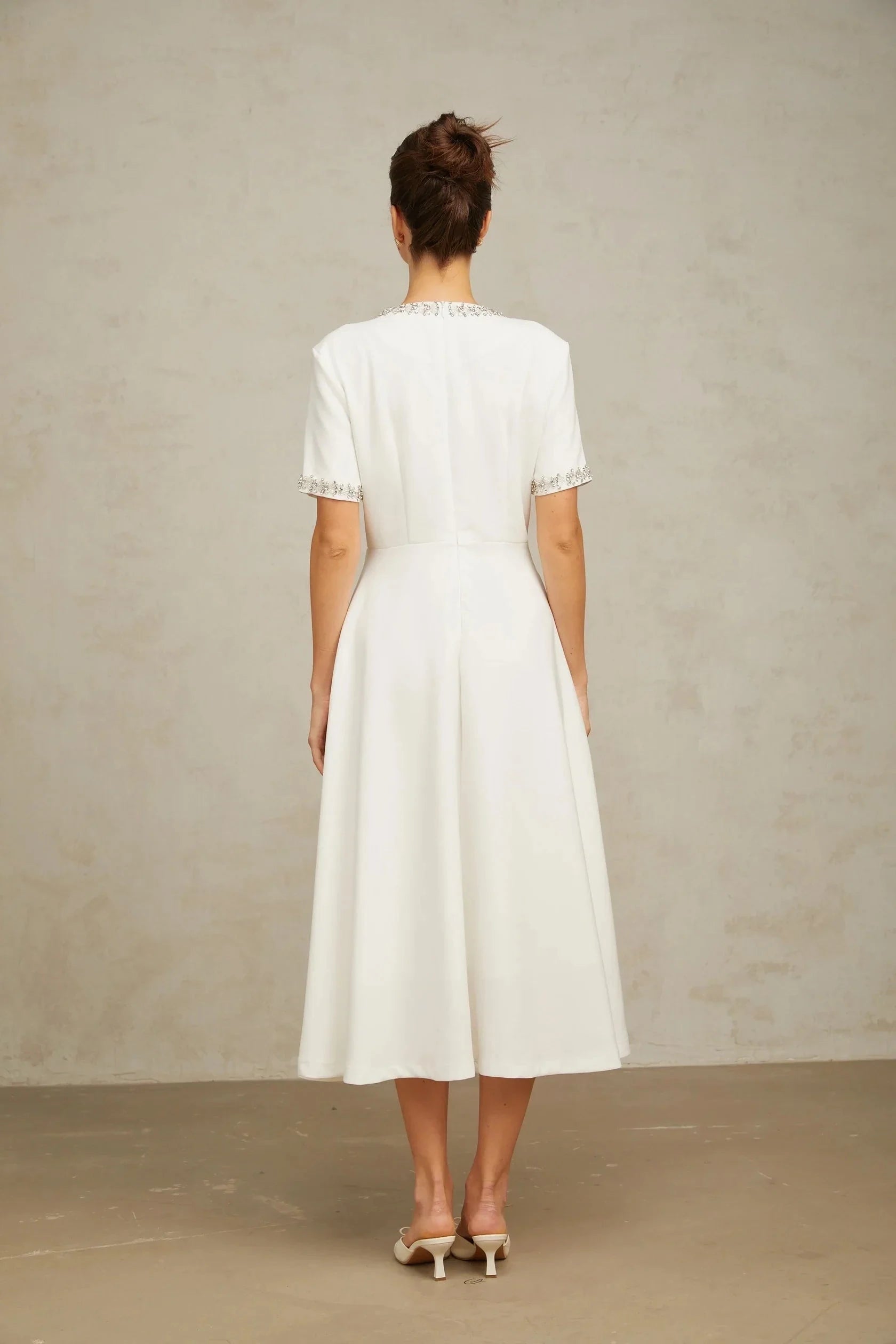 White Crystal - Embellished Bow - Front Midi Dress Cassiopeia crystal-accented bow midi dress in White Evening Dress by YiHuiw