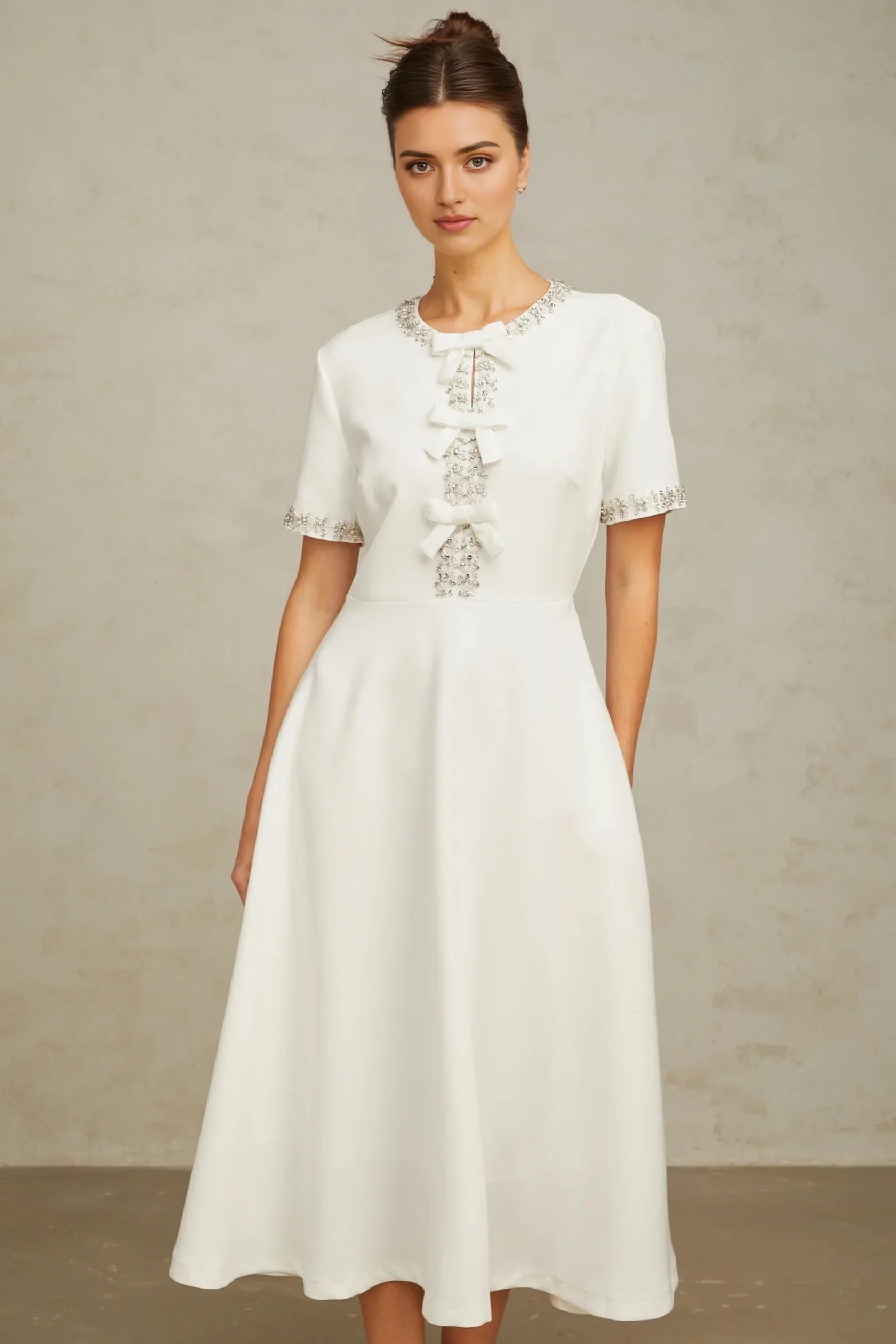 White Crystal - Embellished Bow - Front Midi Dress Cassiopeia crystal-accented bow midi dress in White Evening Dress by YiHuiw