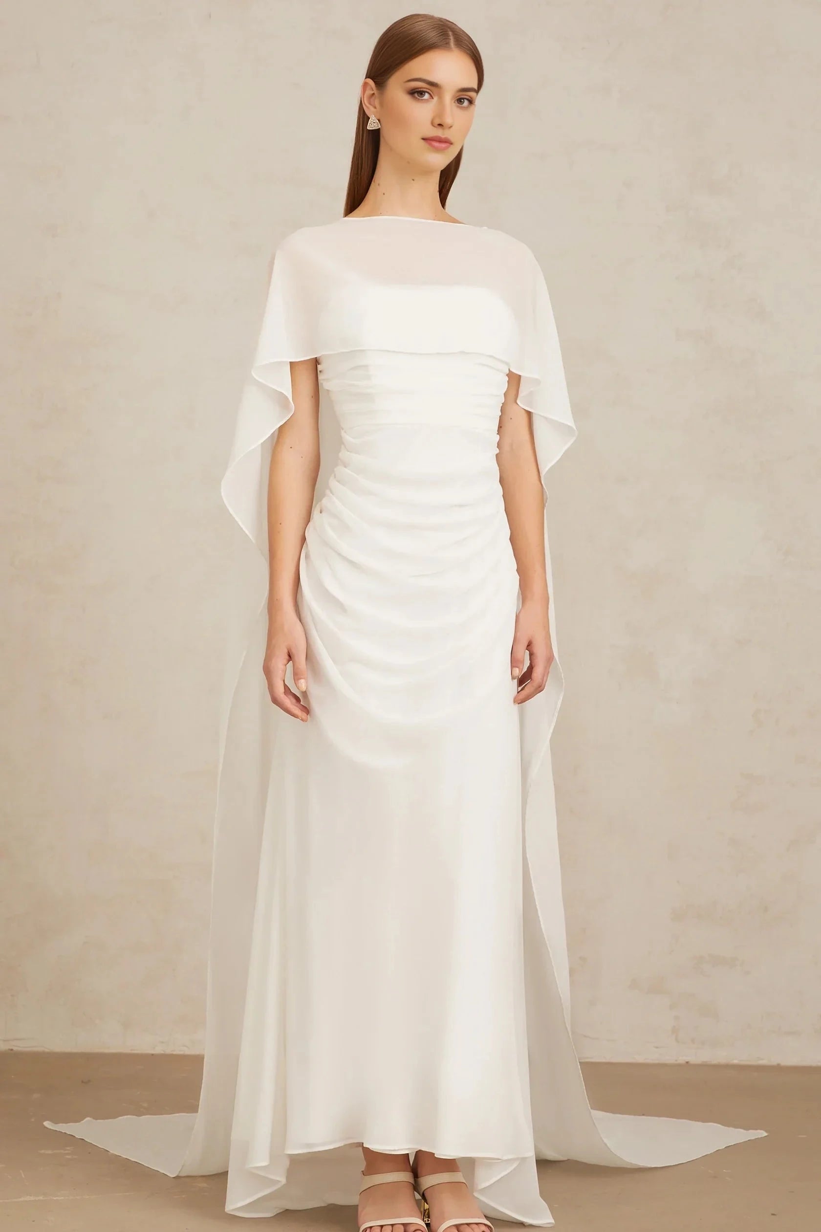 White Draped Cape - Sleeve Maxi Dress White Tulle Cape & Dress Set Evening Dress by YiHuiw