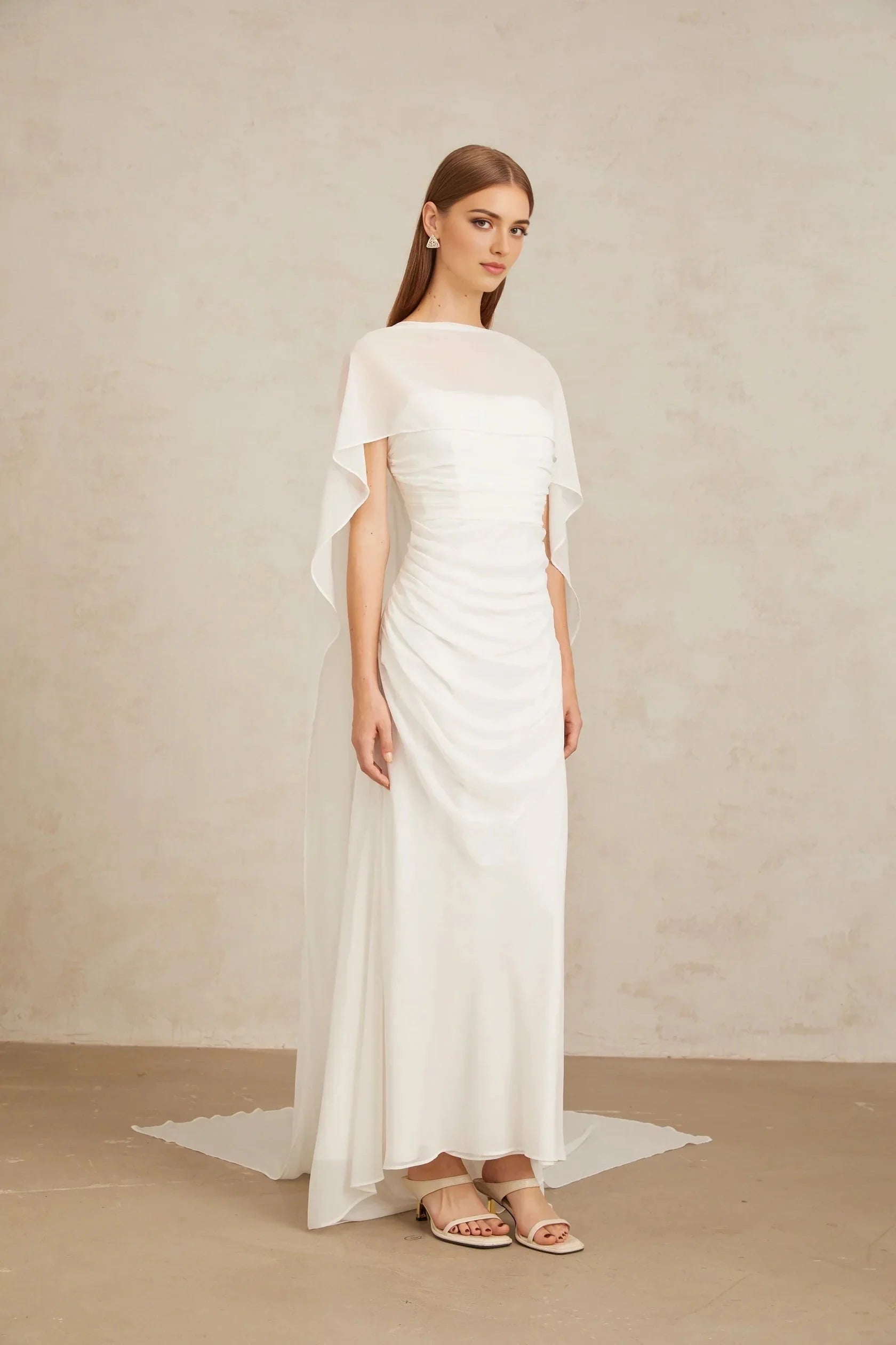 White Draped Cape - Sleeve Maxi Dress White Tulle Cape & Dress Set Evening Dress by YiHuiw