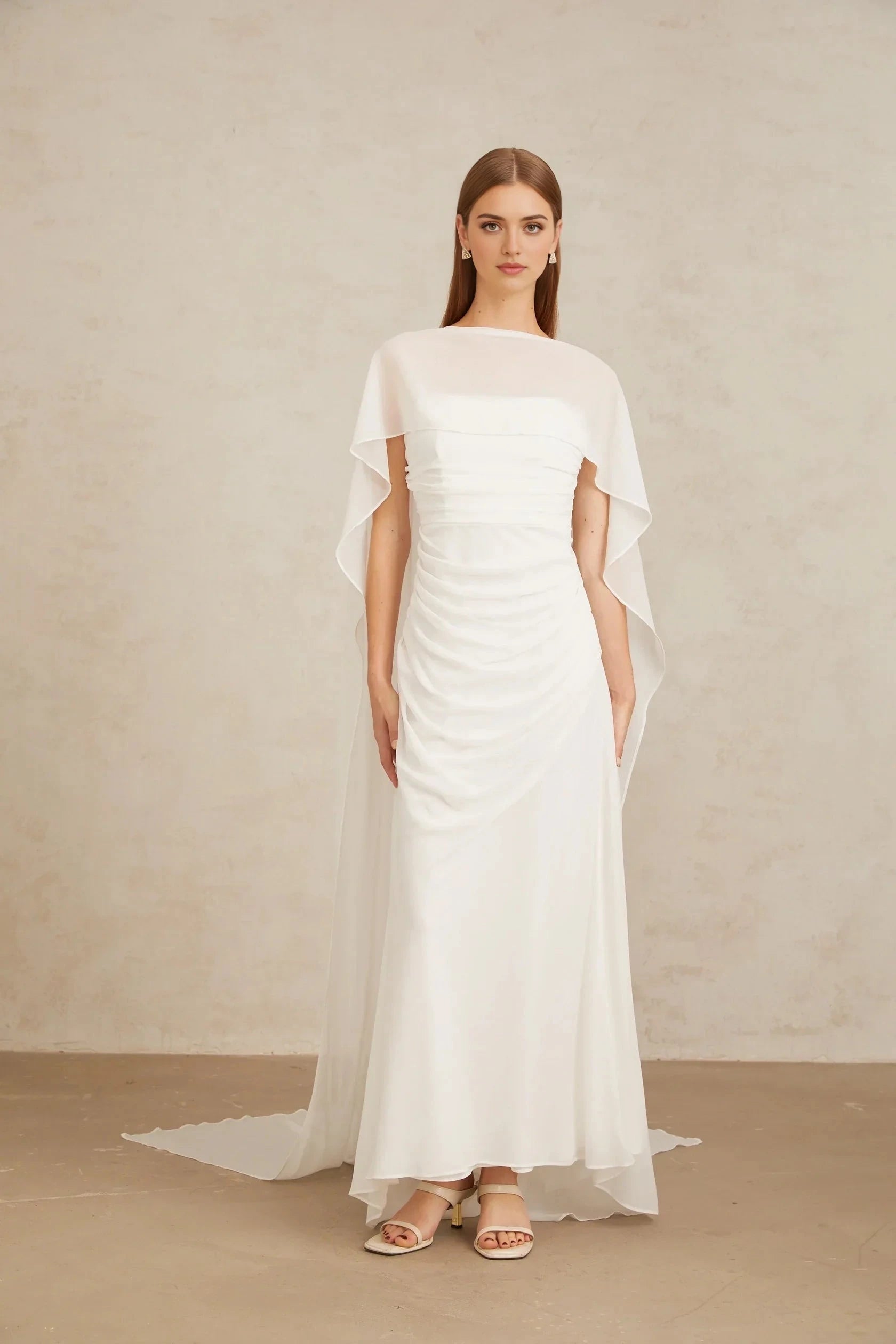 White Draped Cape - Sleeve Maxi Dress White Tulle Cape & Dress Set Evening Dress by YiHuiw