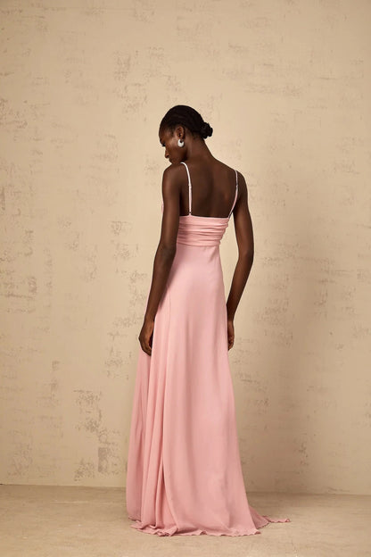 White Draped Long Sleeve Maxi Dress with Waist Detail Soft-Pink 3D Petal Tulle Maxi Dress Evening Dress by YiHuiw