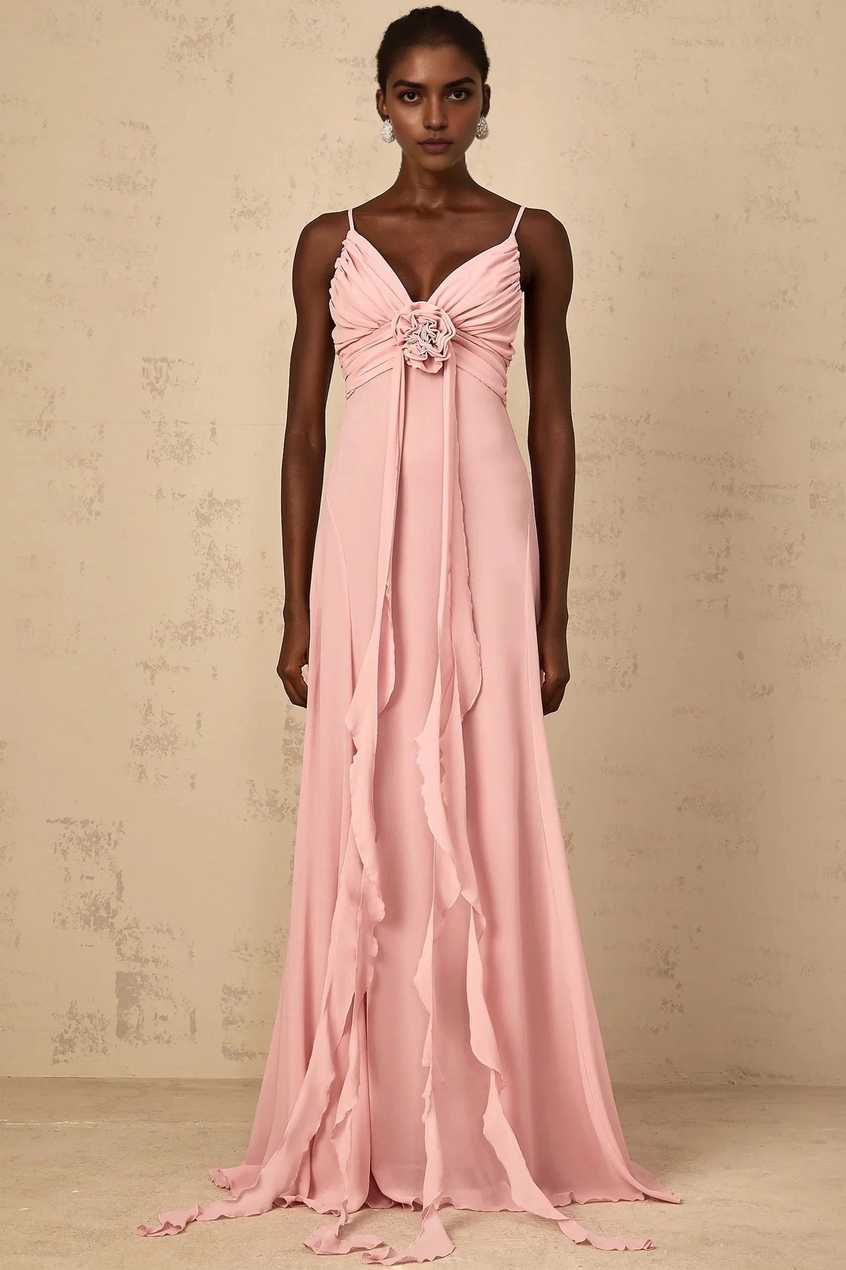 White Draped Long Sleeve Maxi Dress with Waist Detail Soft-Pink 3D Petal Tulle Maxi Dress Evening Dress by YiHuiw