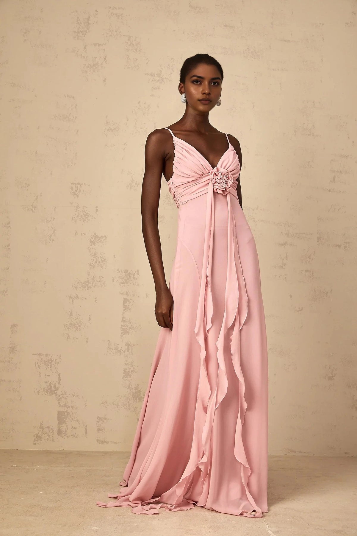 White Draped Long Sleeve Maxi Dress with Waist Detail Soft-Pink 3D Petal Tulle Maxi Dress Evening Dress by YiHuiw