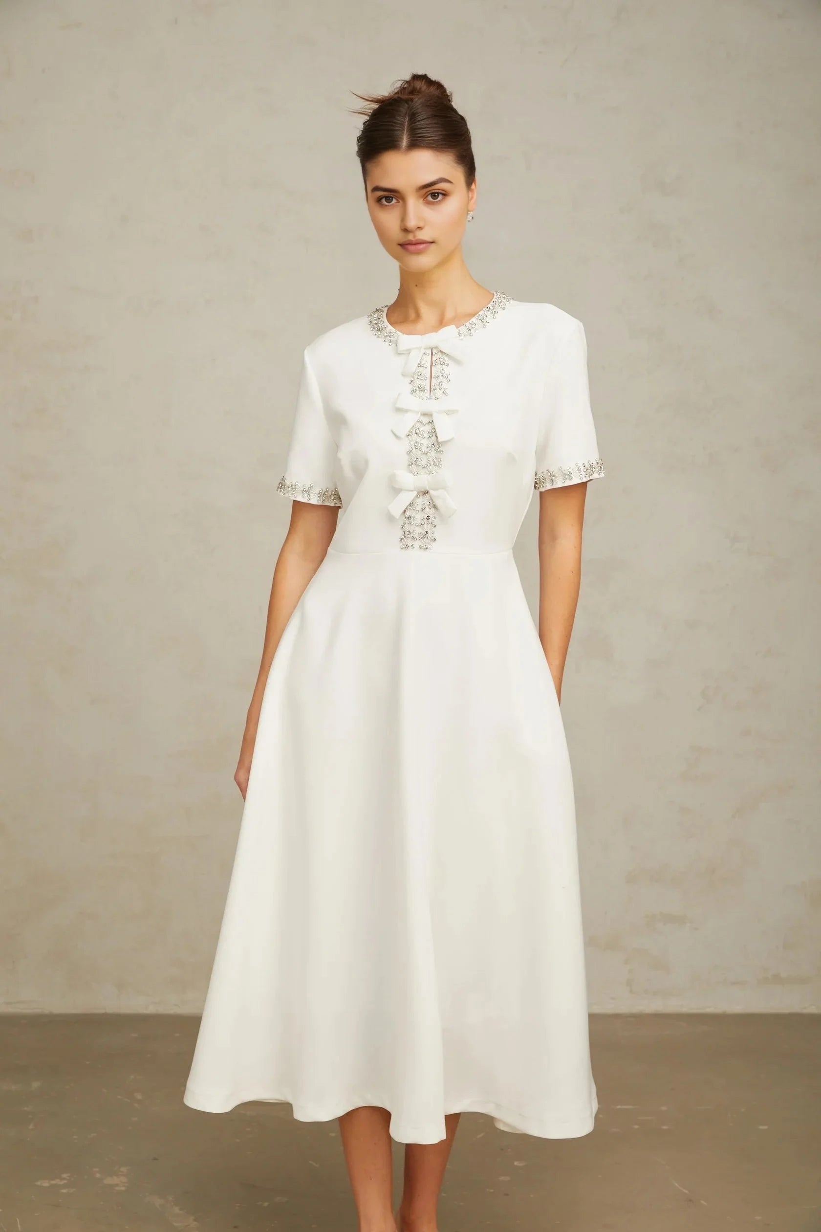 White Embellished Midi Dress with Bow Detail Cassiopeia crystal-accented bow midi dress in White Evening Dress by YiHuiw