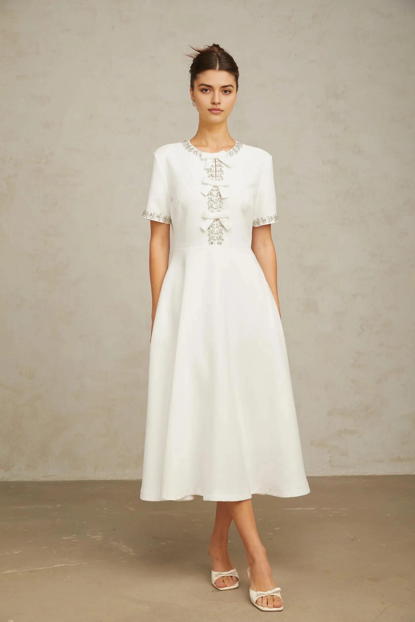 White Embellished Midi Dress with Bow Detail Cassiopeia crystal-accented bow midi dress in White Evening Dress by YiHuiw