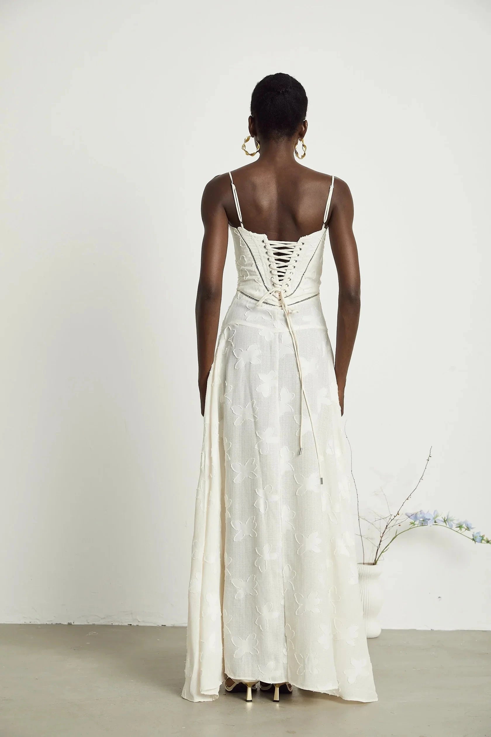 White Floral Embroidered Lace - Up Back Maxi Dress floral maxi dress Evening Dress by YiHuiw