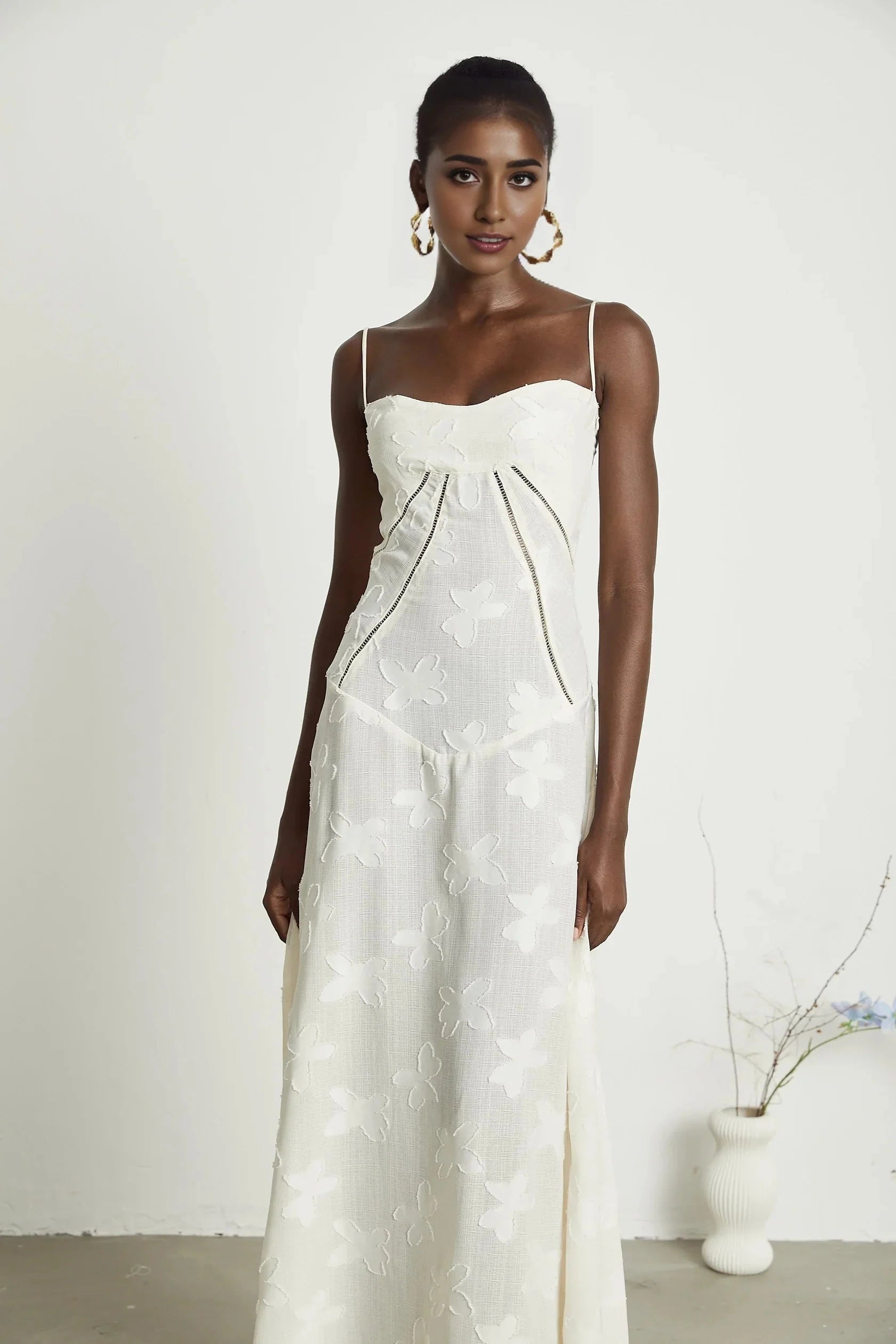 White Floral Embroidered Lace - Up Back Maxi Dress floral maxi dress Evening Dress by YiHuiw