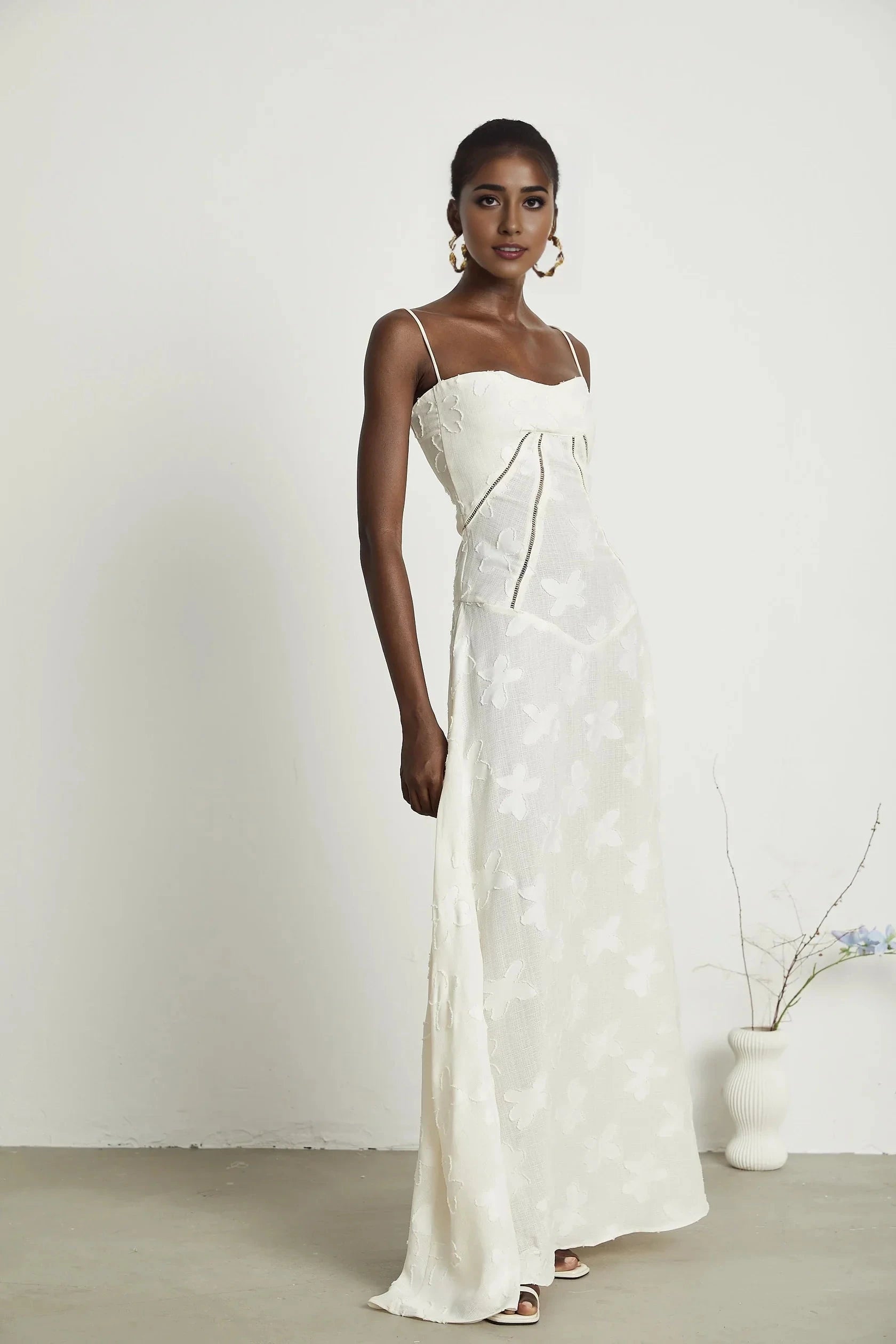White Floral Embroidered Lace - Up Back Maxi Dress floral maxi dress Evening Dress by YiHuiw