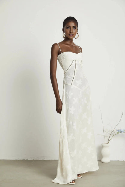 White Floral Embroidered Lace - Up Back Maxi Dress floral maxi dress Evening Dress by YiHuiw