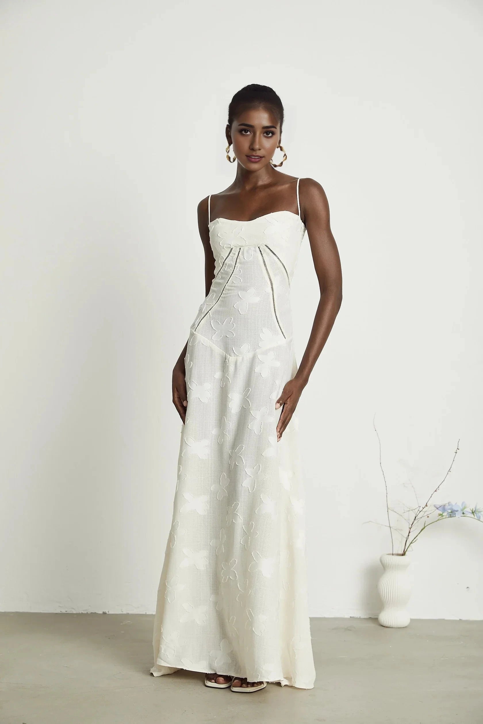 White Floral Embroidered Lace - Up Back Maxi Dress floral maxi dress Evening Dress by YiHuiw