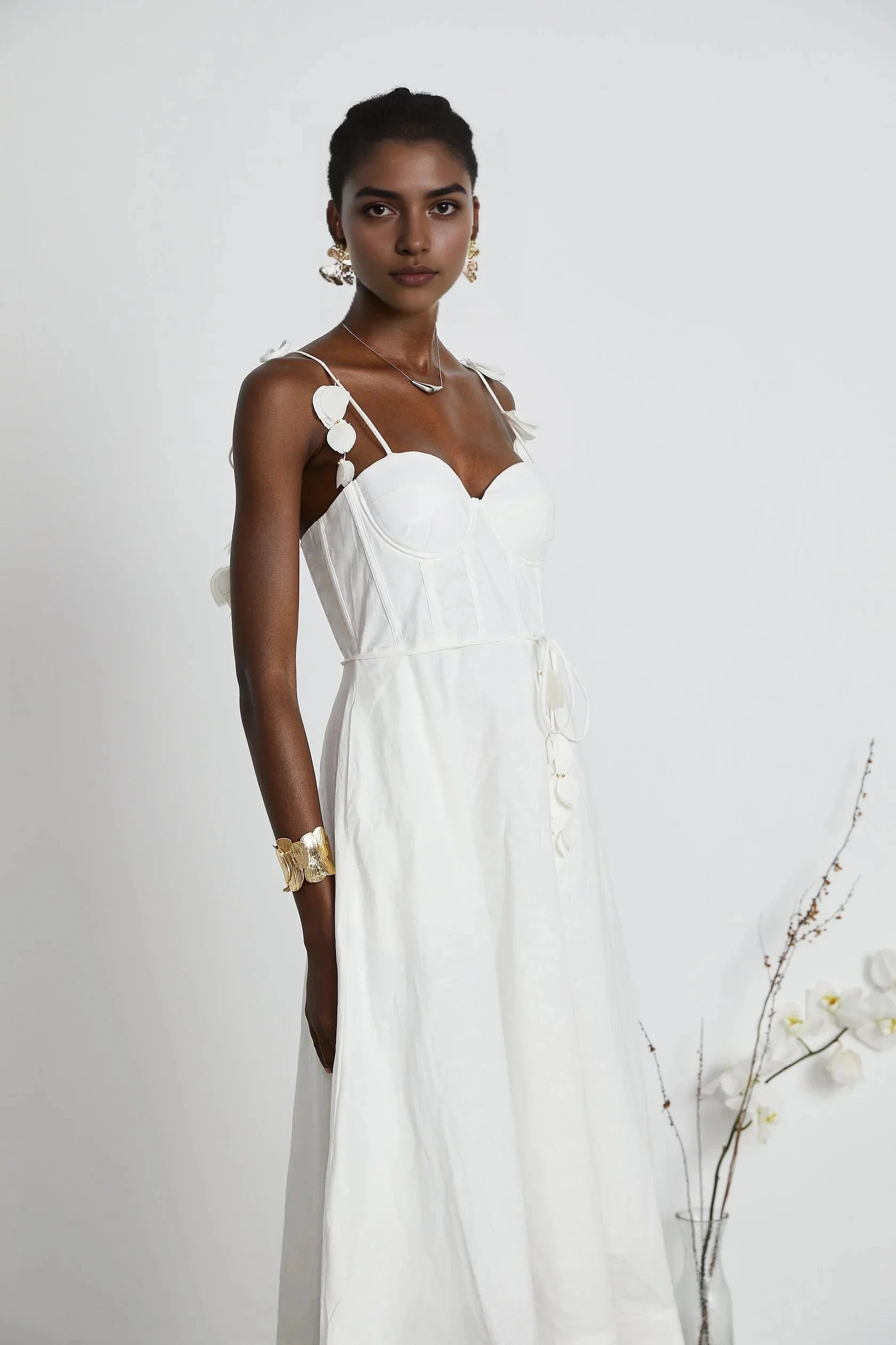 White Floral Strap Midi Dress with Corset Detail white corset midi dress Evening Dress by YiHuiw