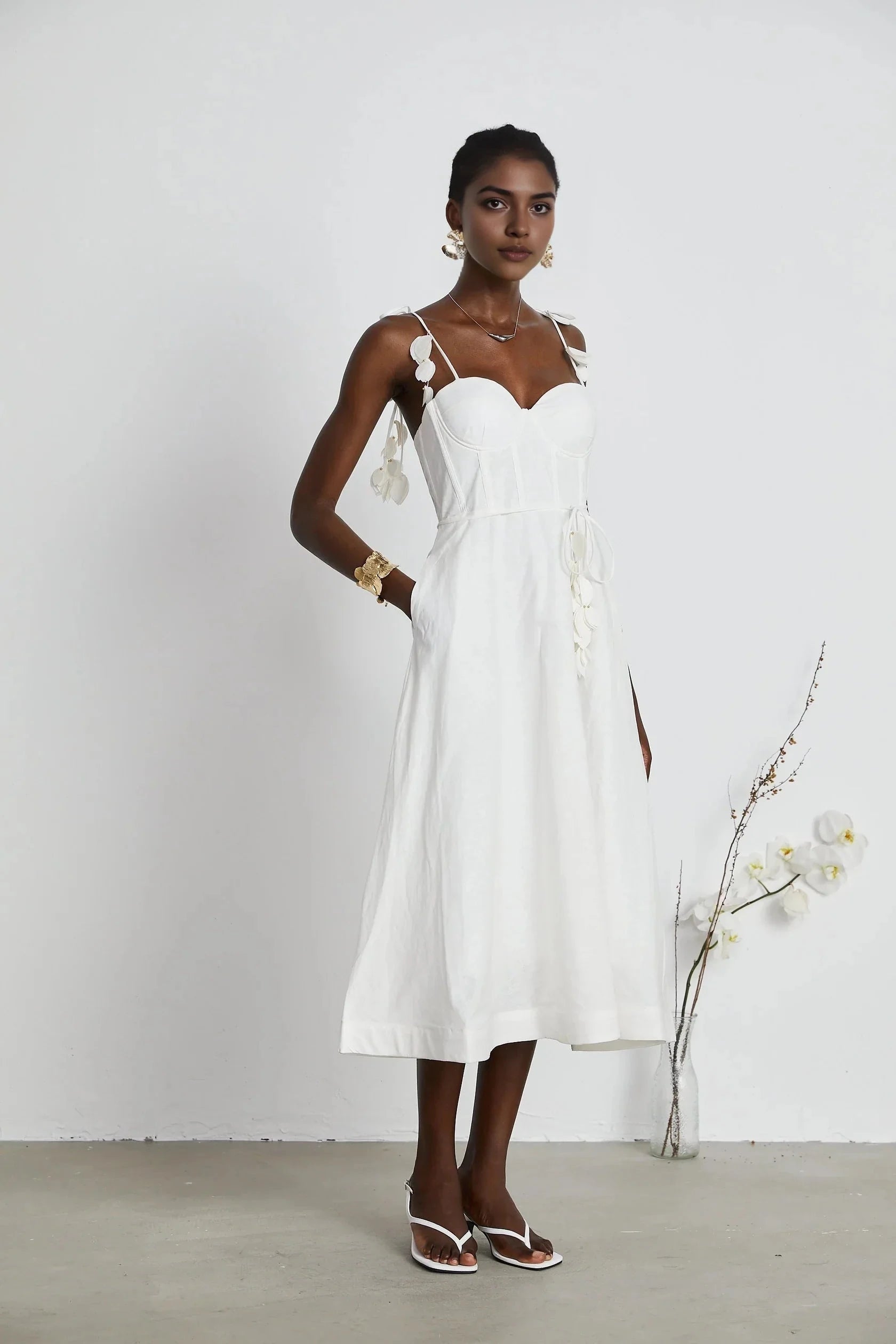 White Floral Strap Midi Dress with Corset Detail white corset midi dress Evening Dress by YiHuiw
