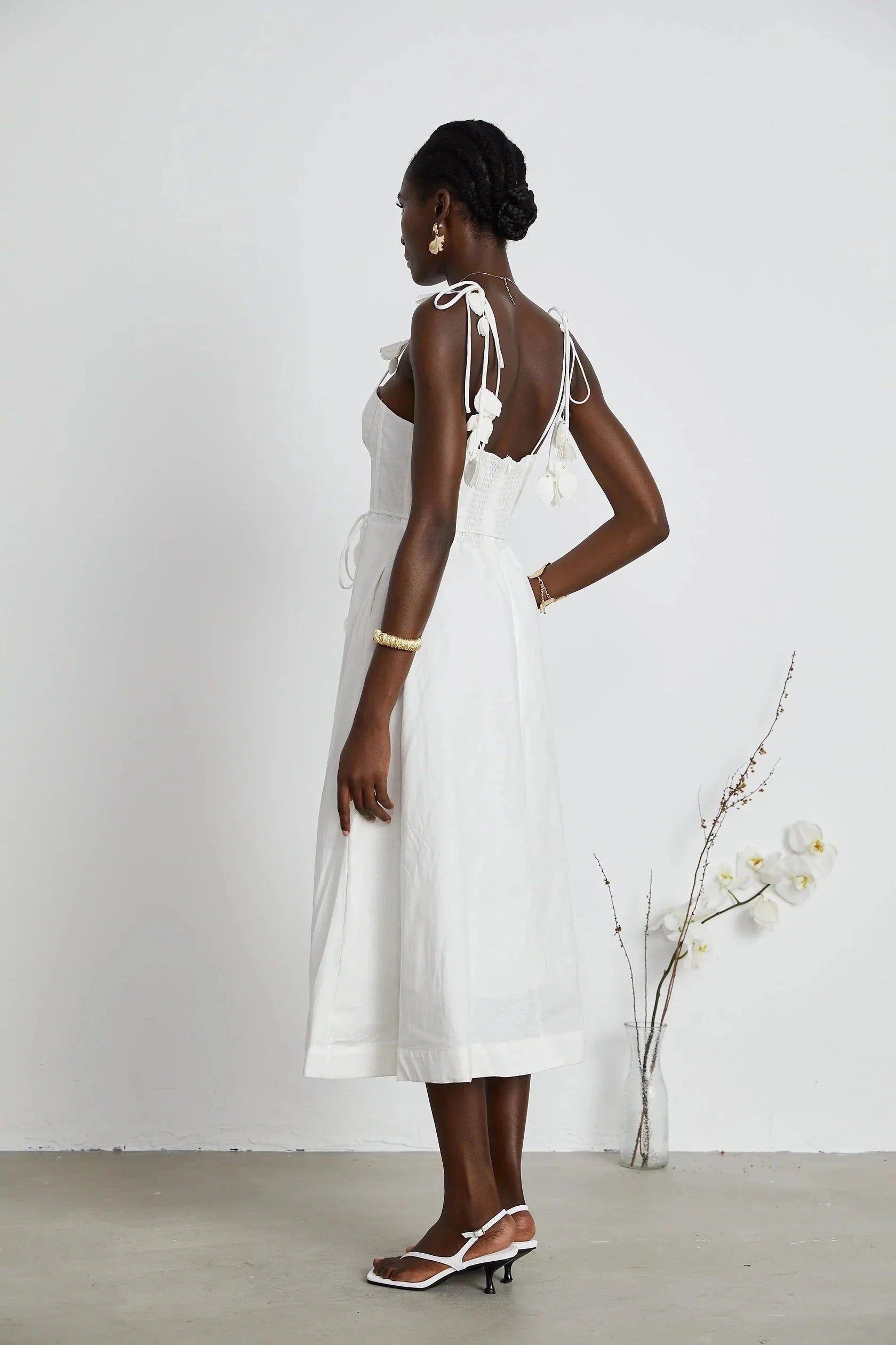 White Floral Strap Midi Dress with Corset Detail white corset midi dress Evening Dress by YiHuiw