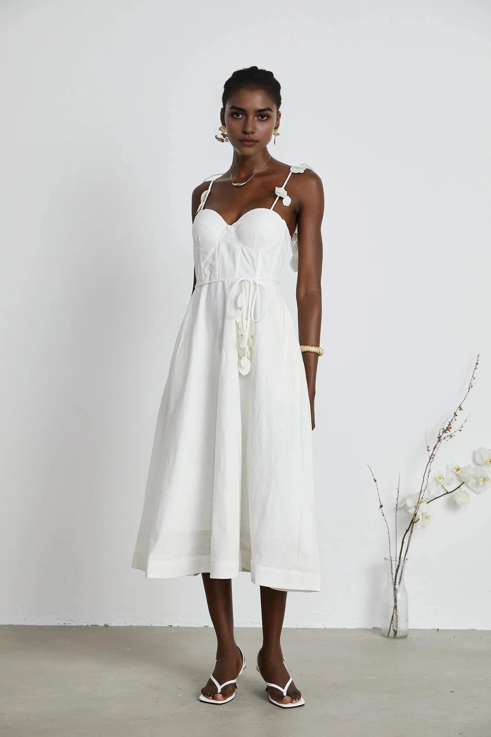 White Floral Strap Midi Dress with Corset Detail white corset midi dress Evening Dress by YiHuiw