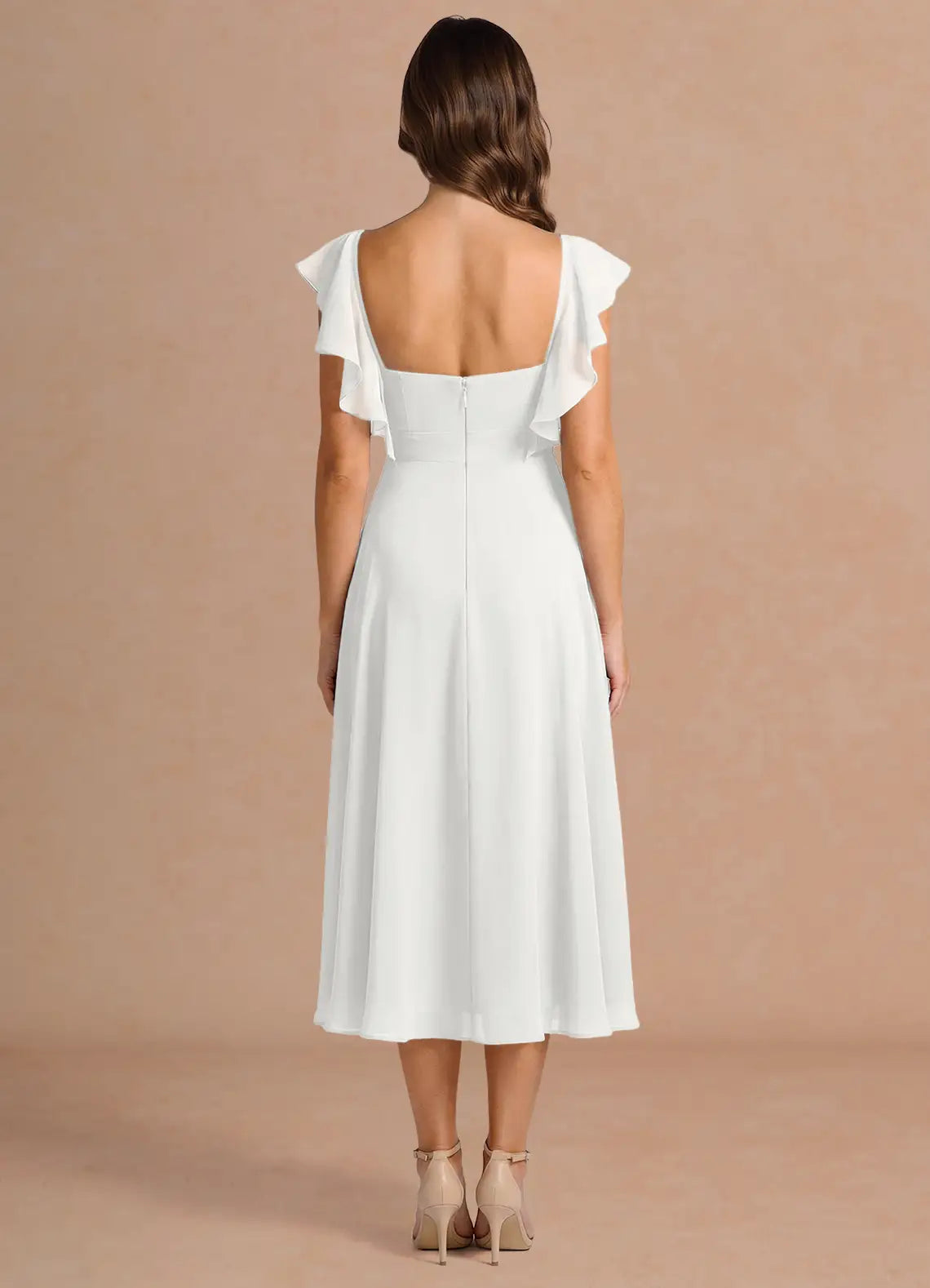 White V-Neck Chiffon Midi Wedding Dress - Yihuiw by Yihuiw