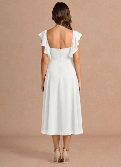 White V-Neck Chiffon Midi Wedding Dress - Yihuiw by Yihuiw