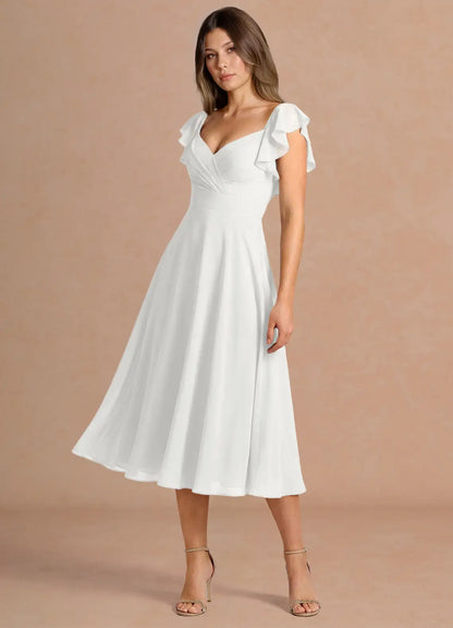White V-Neck Chiffon Midi Wedding Dress - Yihuiw by Yihuiw