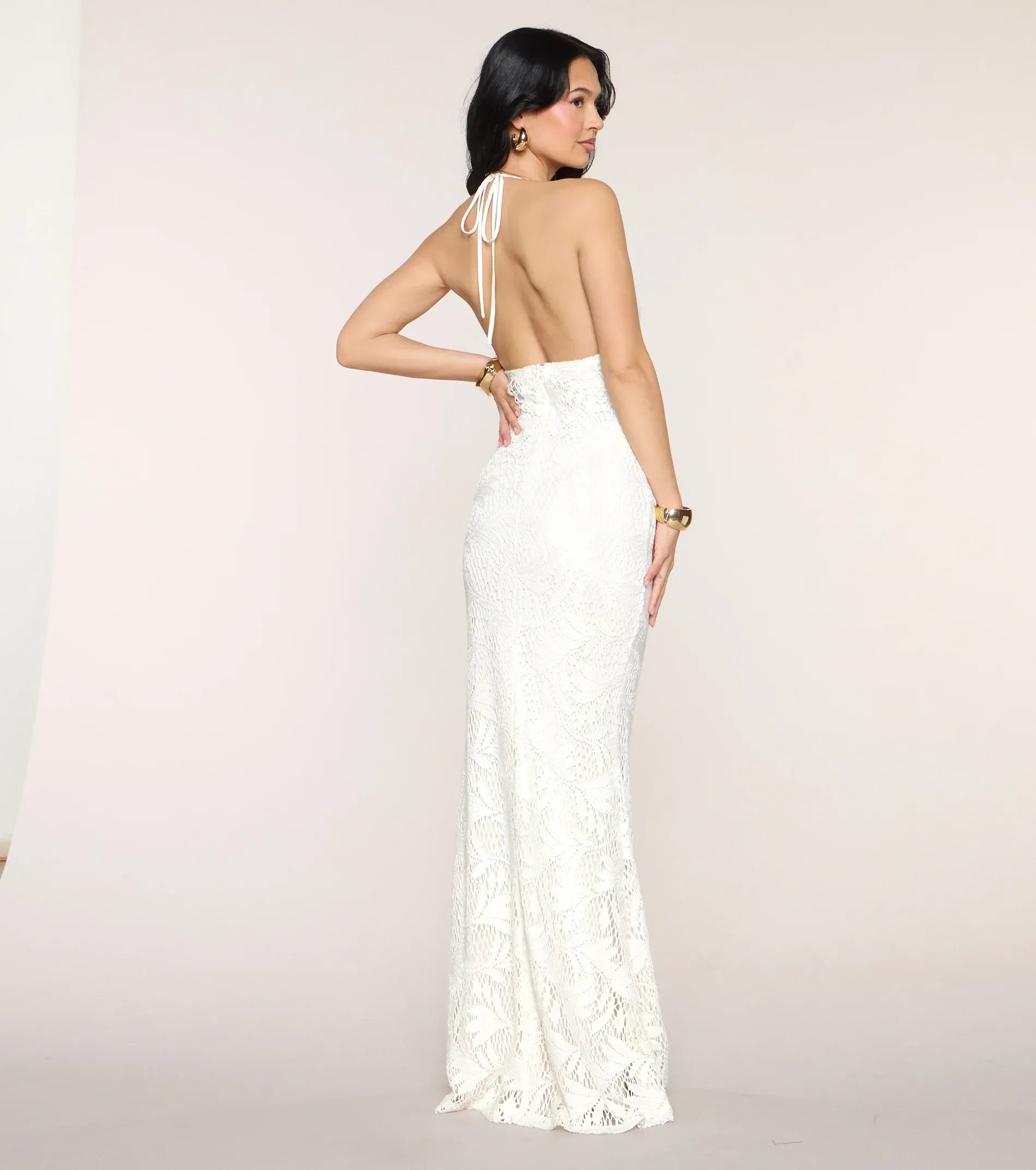 White Mermaid Halter Lace Floor-Length Wedding Dress - Yihuiw by Yihuiw