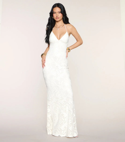 White Mermaid Halter Lace Floor-Length Wedding Dress - Yihuiw by Yihuiw