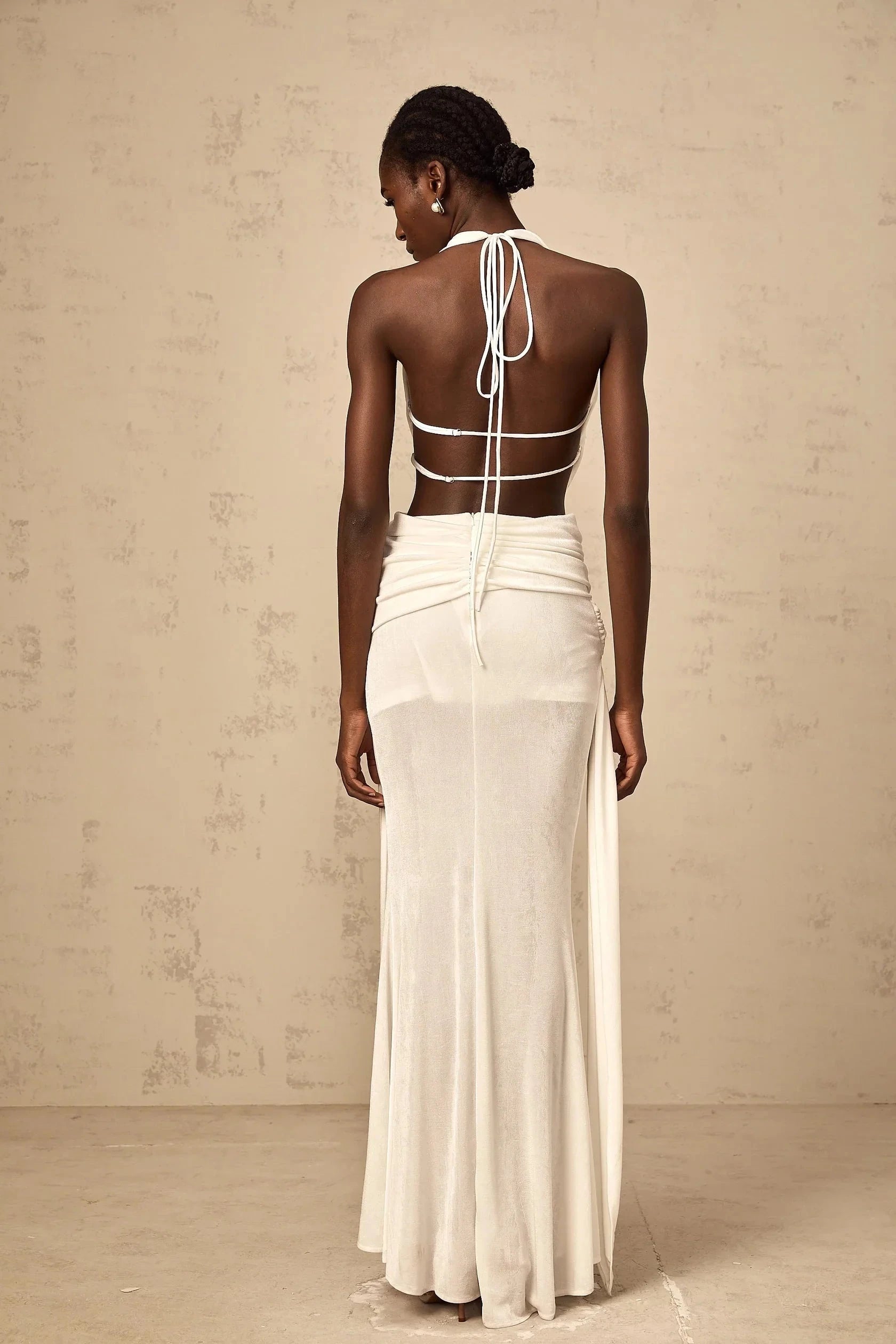 White Halter Neck Cut - Out Draped Maxi Dress halterneck backless maxi dress in White Evening Dress by YiHuiw