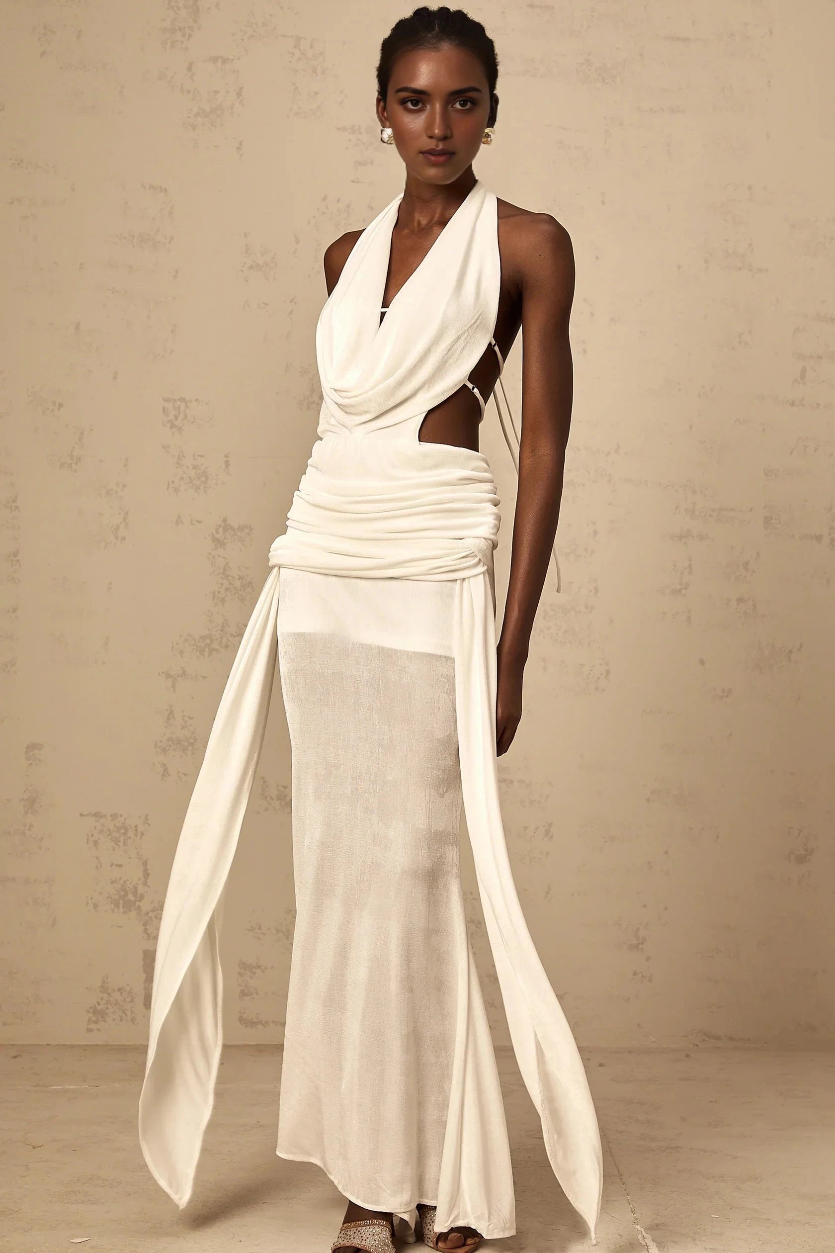 White Halter Neck Cut - Out Draped Maxi Dress halterneck backless maxi dress in White Evening Dress by YiHuiw