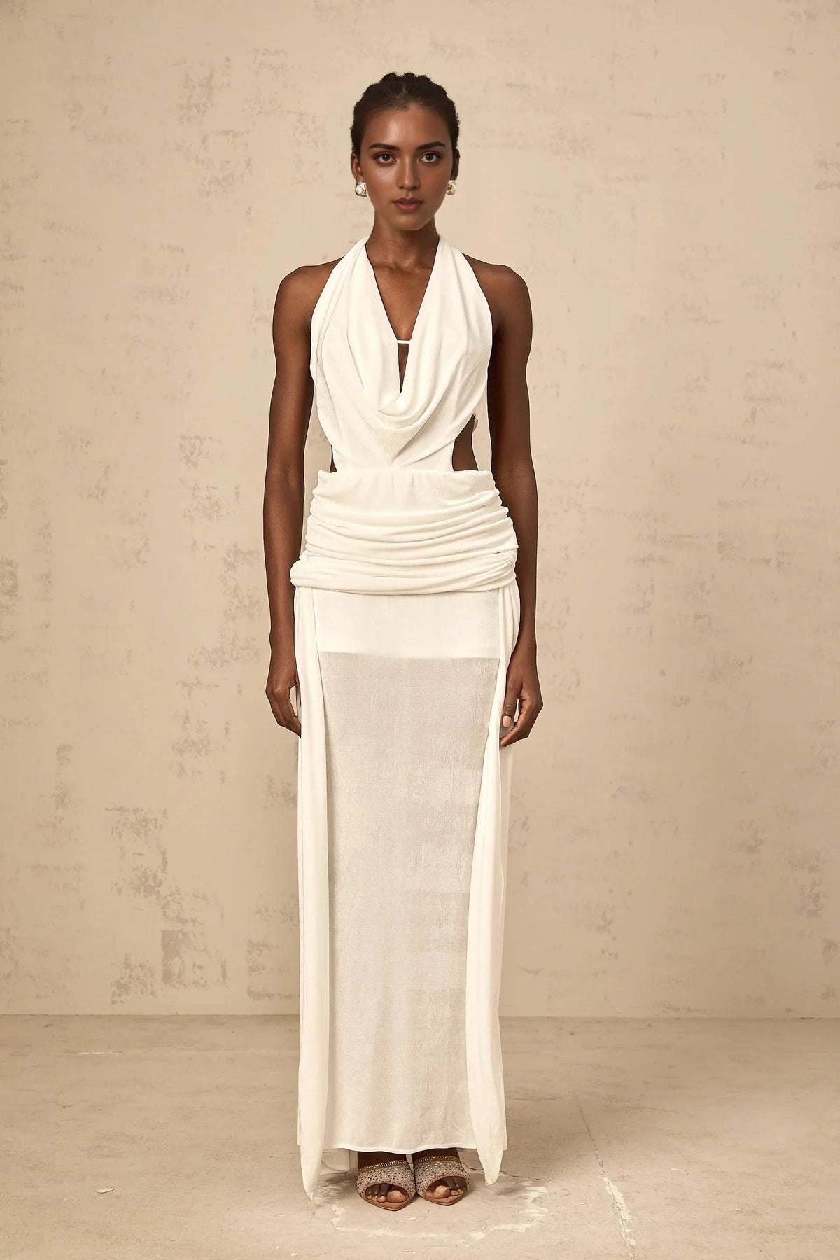 White Halter Neck Cut - Out Draped Maxi Dress halterneck backless maxi dress in White Evening Dress by YiHuiw