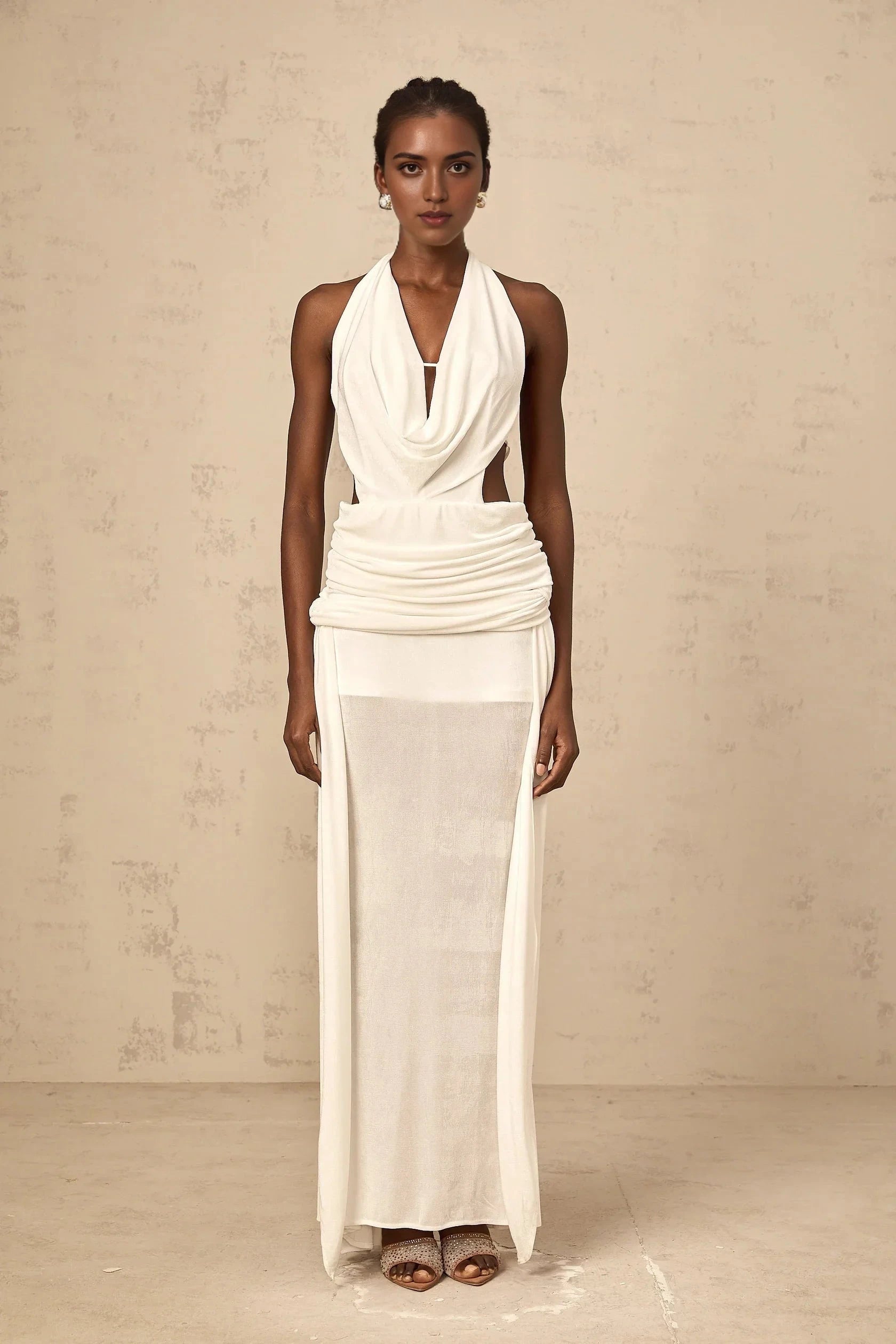 White Halter Neck Cut - Out Draped Maxi Dress halterneck backless maxi dress in White Evening Dress by YiHuiw