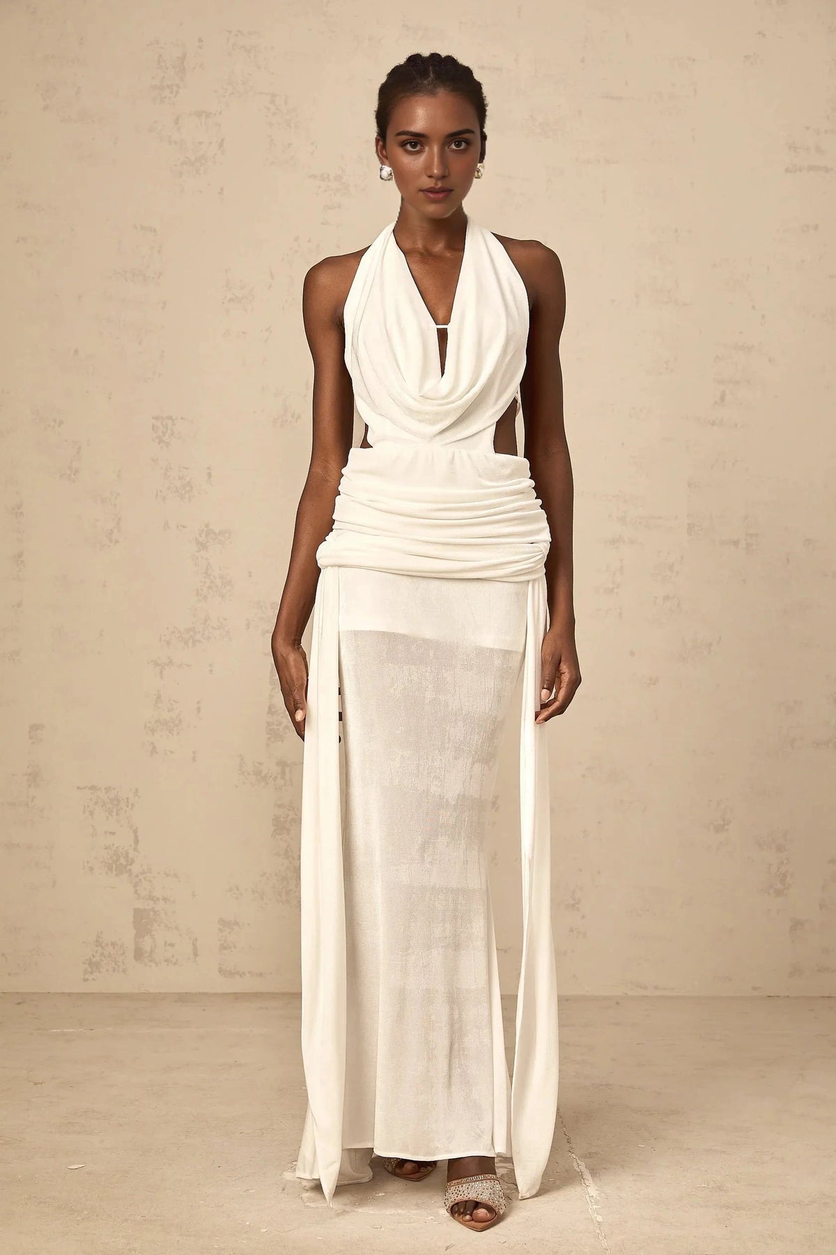 White Halter Neck Cut - Out Draped Maxi Dress halterneck backless maxi dress in White Evening Dress by YiHuiw