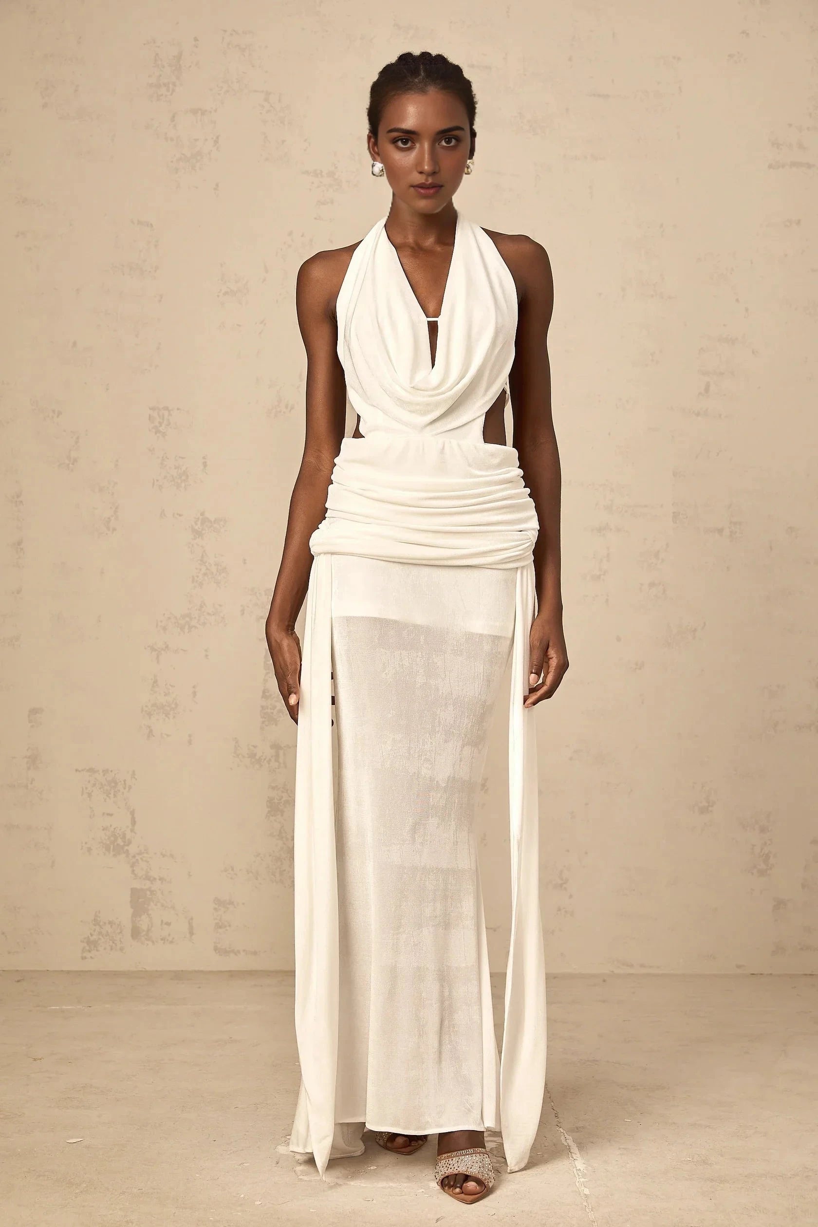 White Halter Neck Cut - Out Draped Maxi Dress halterneck backless maxi dress in White Evening Dress by YiHuiw