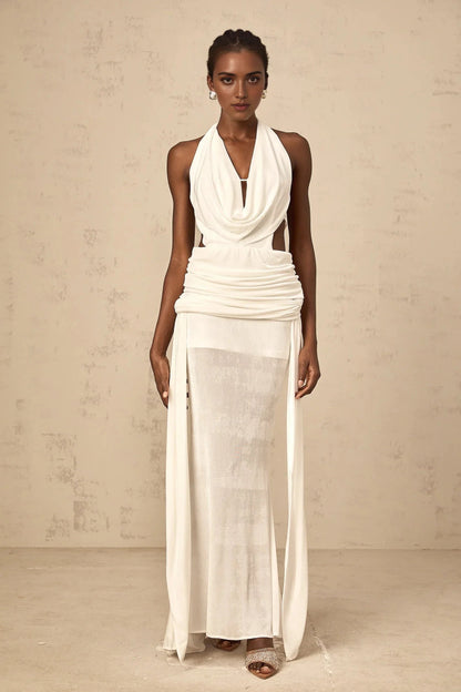 White Halter Neck Cut - Out Draped Maxi Dress halterneck backless maxi dress in White Evening Dress by YiHuiw