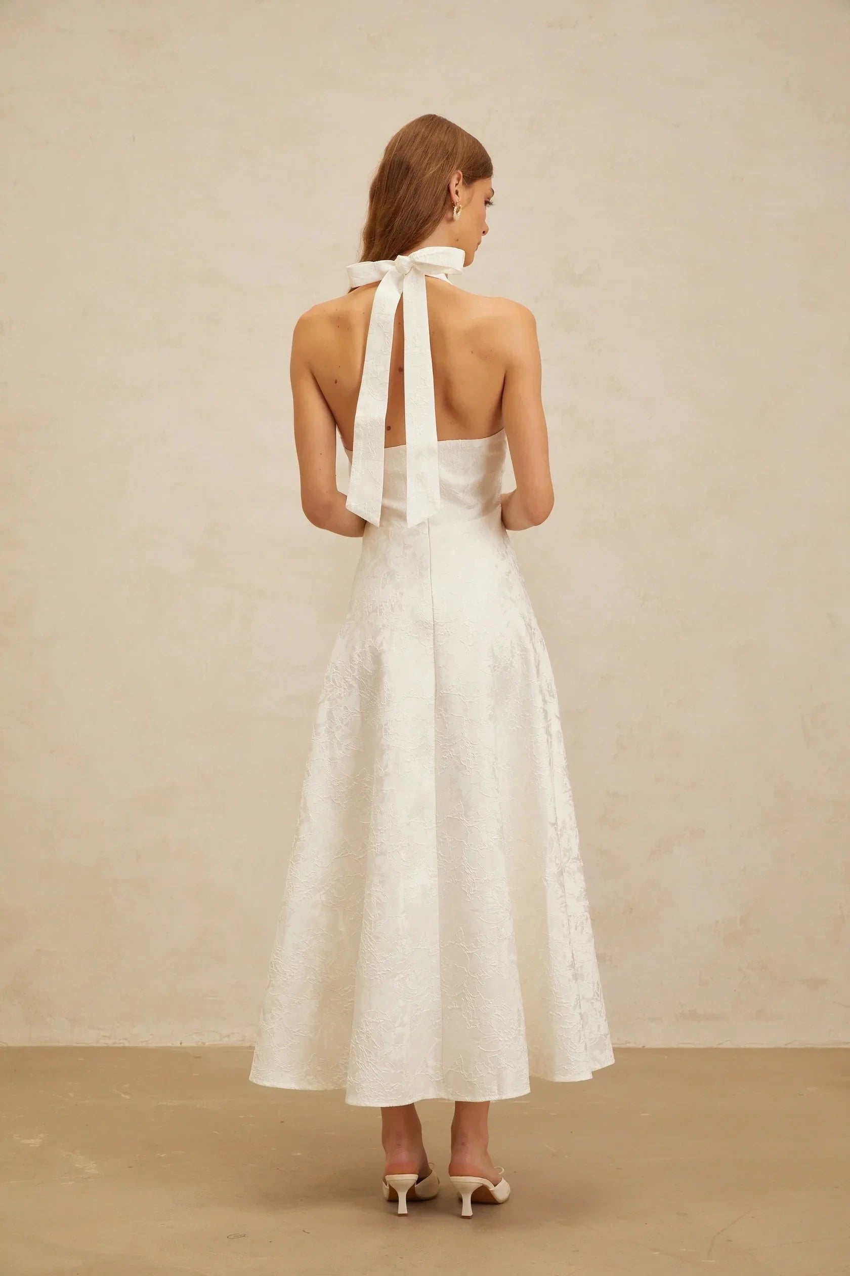 Cream Ruffled Tie - Neck Balloon Sleeve Maxi Dress White Glamorous Event Midi Dress Evening Dress by YiHuiw