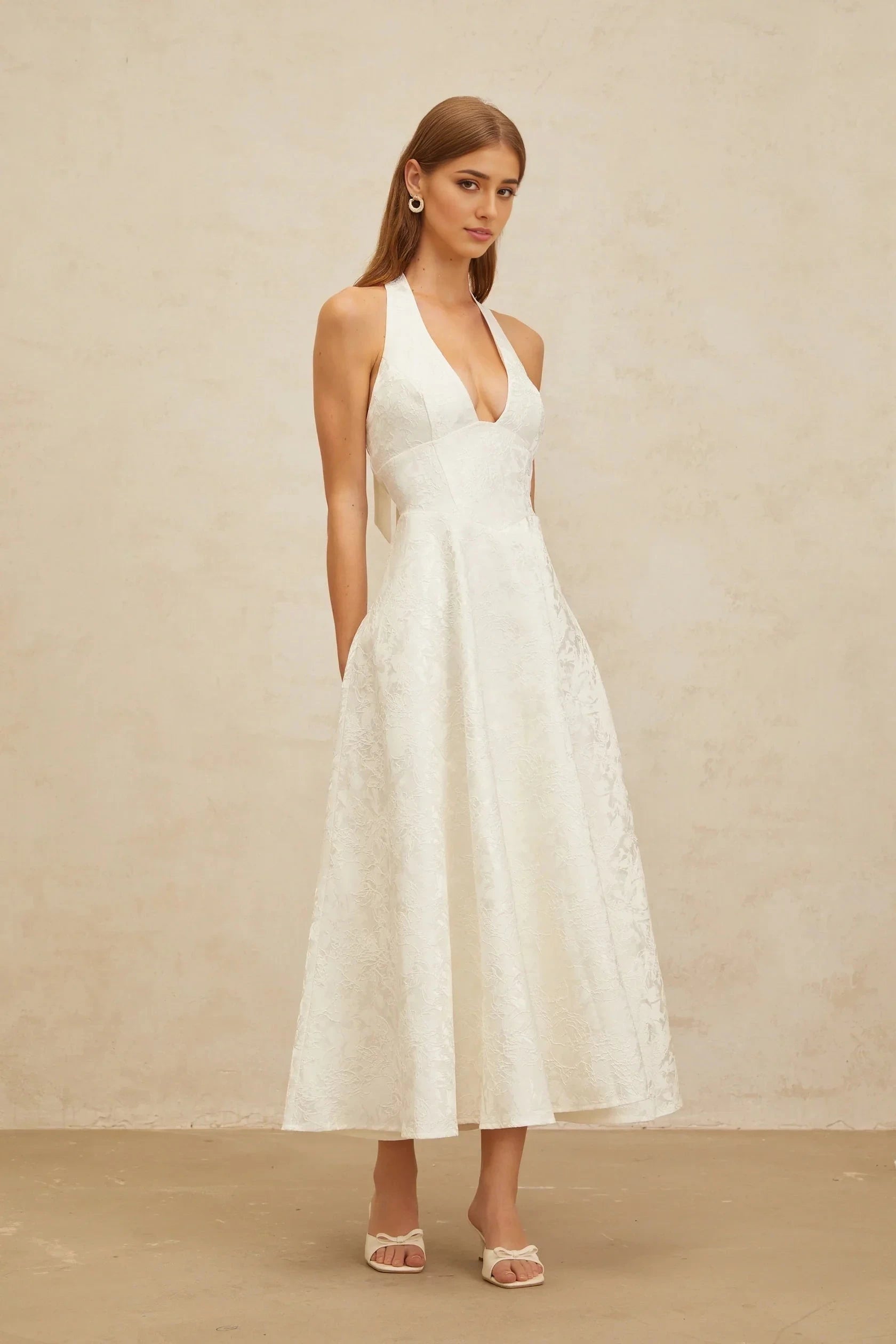 Cream Ruffled Tie - Neck Balloon Sleeve Maxi Dress White Glamorous Event Midi Dress Evening Dress by YiHuiw