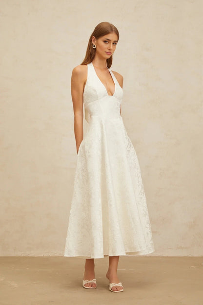 Cream Ruffled Tie - Neck Balloon Sleeve Maxi Dress White Glamorous Event Midi Dress Evening Dress by YiHuiw