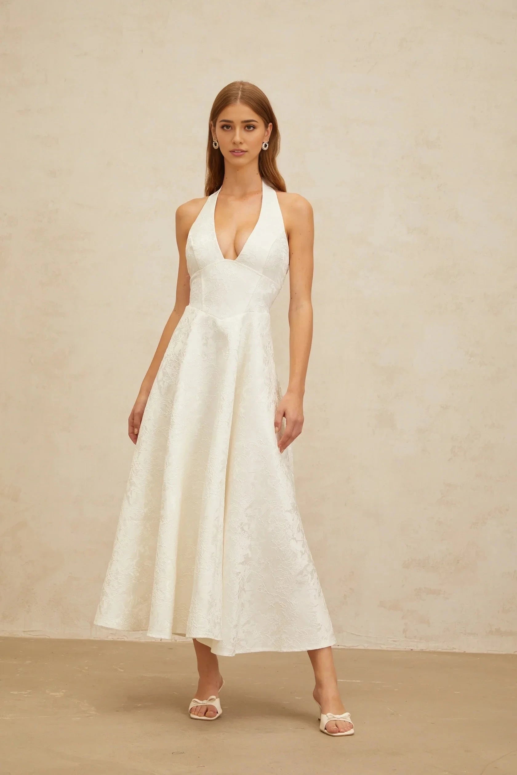 Cream Ruffled Tie - Neck Balloon Sleeve Maxi Dress White Glamorous Event Midi Dress Evening Dress by YiHuiw
