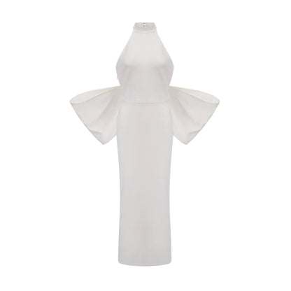White Halter Neck Maxi Dress with Bow Back Detail Capucine white oversize-bow bandage dress Evening Dress by YiHuiw