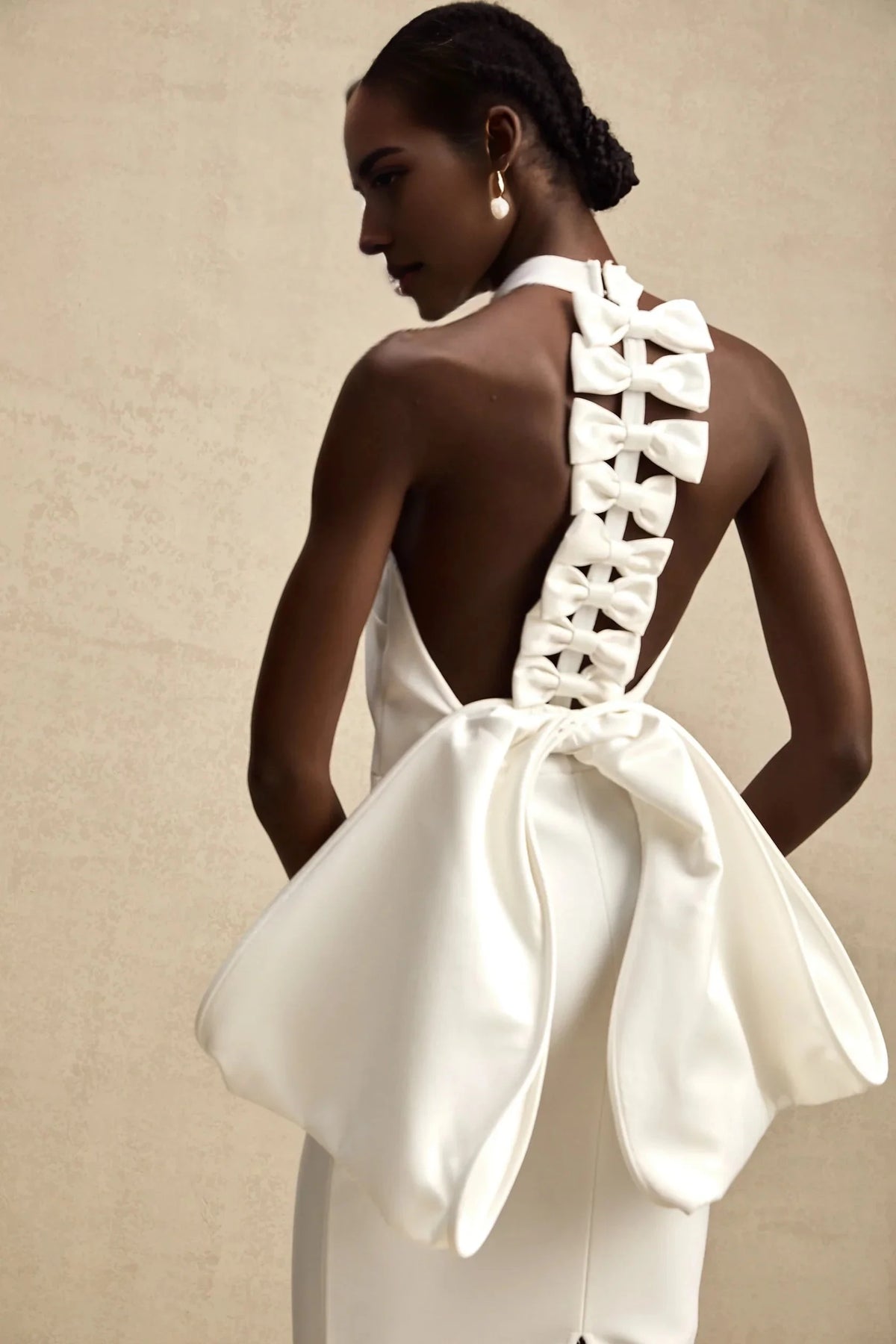 White Halter Neck Maxi Dress with Bow Back Detail Capucine white oversize-bow bandage dress Evening Dress by YiHuiw
