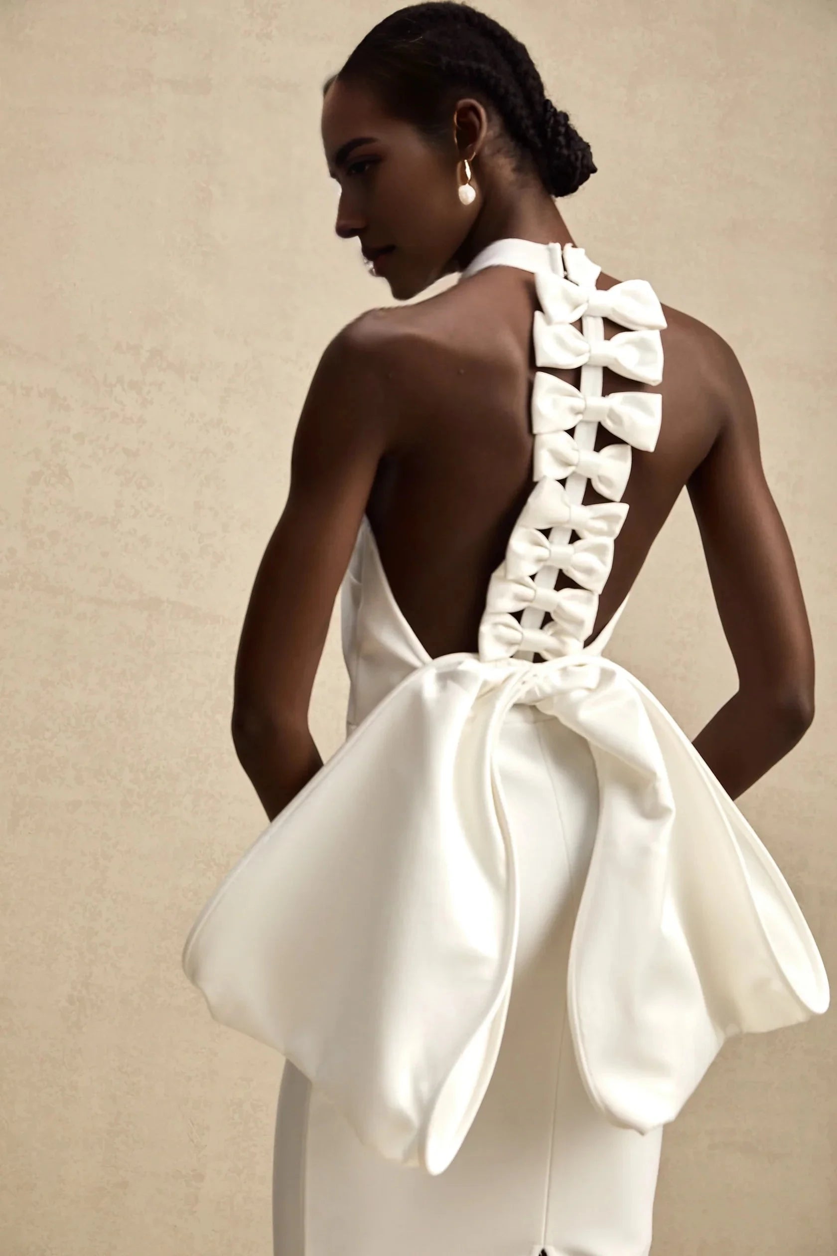 White Halter Neck Maxi Dress with Bow Back Detail Capucine white oversize-bow bandage dress Evening Dress by YiHuiw