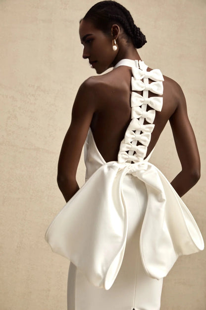 White Halter Neck Maxi Dress with Bow Back Detail Capucine white oversize-bow bandage dress Evening Dress by YiHuiw