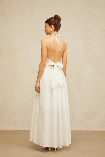 White Halter Neck Maxi Dress with Crochet Detail white cut-out floral-embroidered shirred maxi dress Evening Dress by YiHuiw
