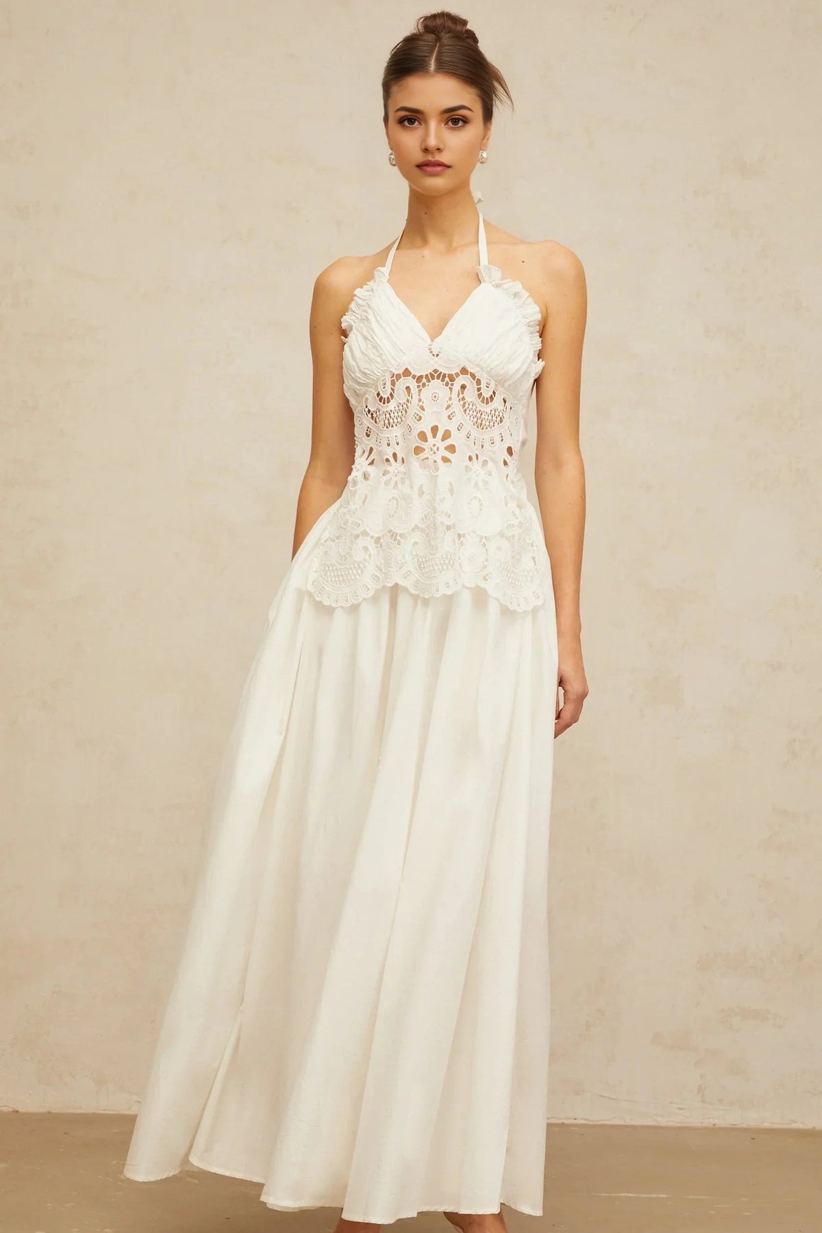 White Halter Neck Maxi Dress with Crochet Detail white cut-out floral-embroidered shirred maxi dress Evening Dress by YiHuiw
