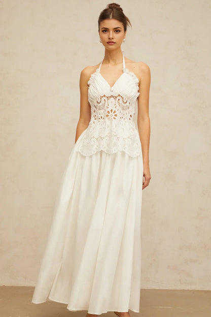 White Halter Neck Maxi Dress with Crochet Detail white cut-out floral-embroidered shirred maxi dress Evening Dress by YiHuiw