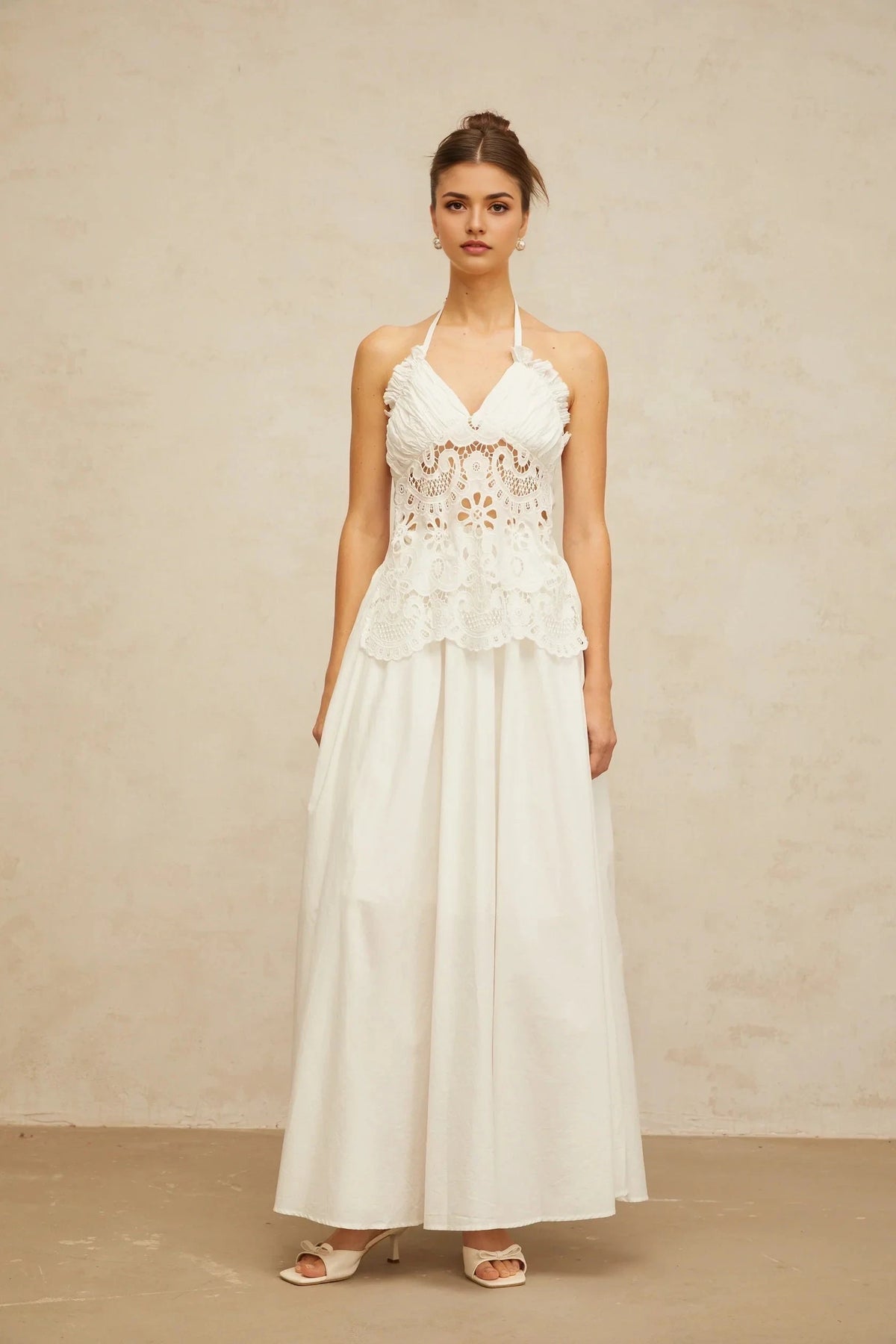 White Halter Neck Maxi Dress with Crochet Detail white cut-out floral-embroidered shirred maxi dress Evening Dress by YiHuiw