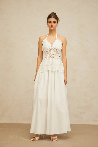 White Halter Neck Maxi Dress with Crochet Detail white cut-out floral-embroidered shirred maxi dress Evening Dress by YiHuiw