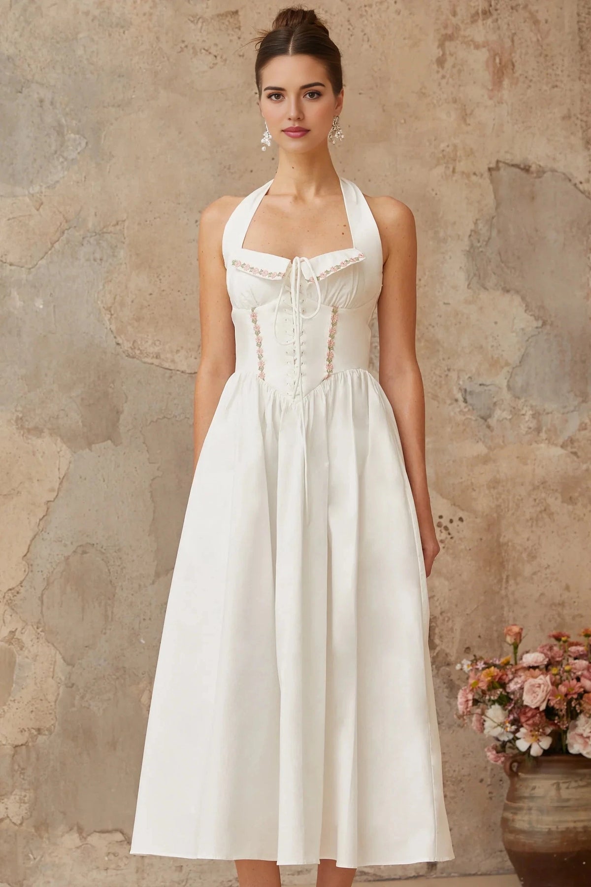 White Halter Neck Midi Dress with Corset Detail and Floral Accents white lace-up-detail shirred midi dress Evening Dress by YiHuiw
