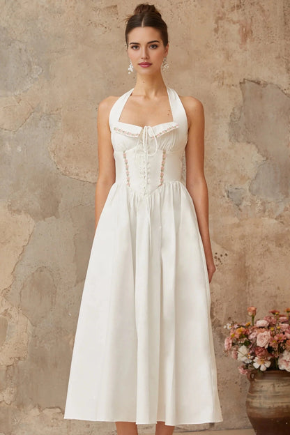 White Halter Neck Midi Dress with Corset Detail and Floral Accents white lace-up-detail shirred midi dress Evening Dress by YiHuiw