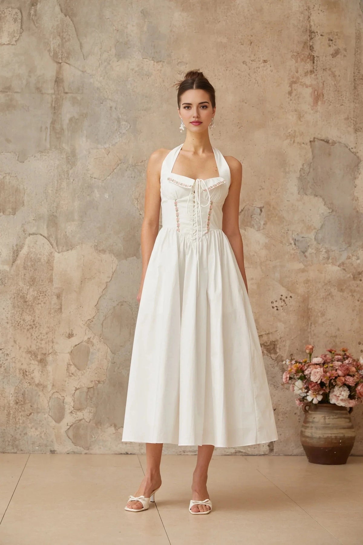White Halter Neck Midi Dress with Corset Detail and Floral Accents white lace-up-detail shirred midi dress Evening Dress by YiHuiw