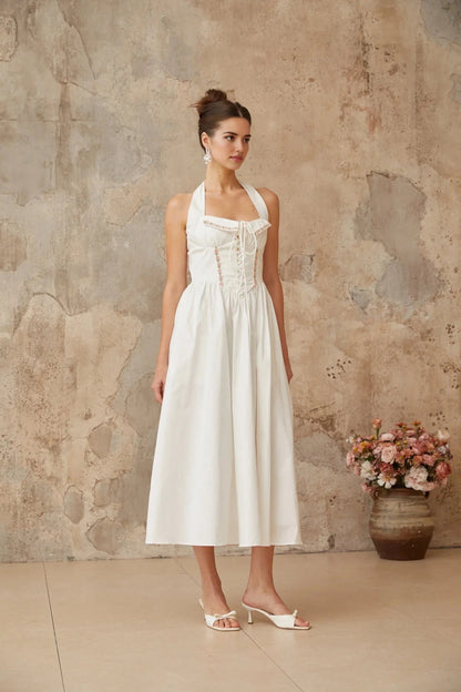 White Halter Neck Midi Dress with Corset Detail and Floral Accents white lace-up-detail shirred midi dress Evening Dress by YiHuiw