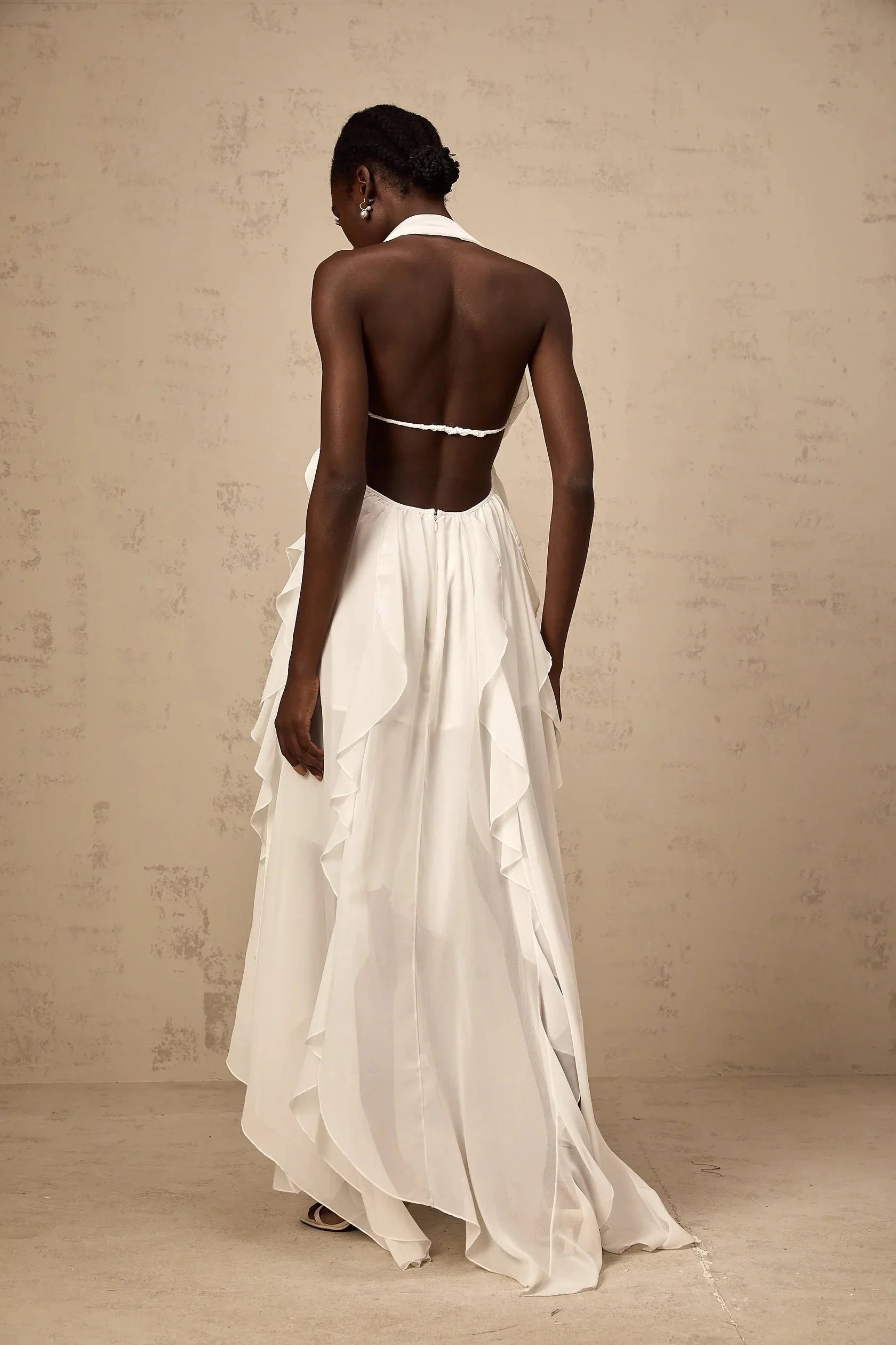 White Halter Neck Ruffled Open - Back Maxi Dress White Chiffon Ruffle Halterneck Maxi Dress Evening Dress by YiHuiw