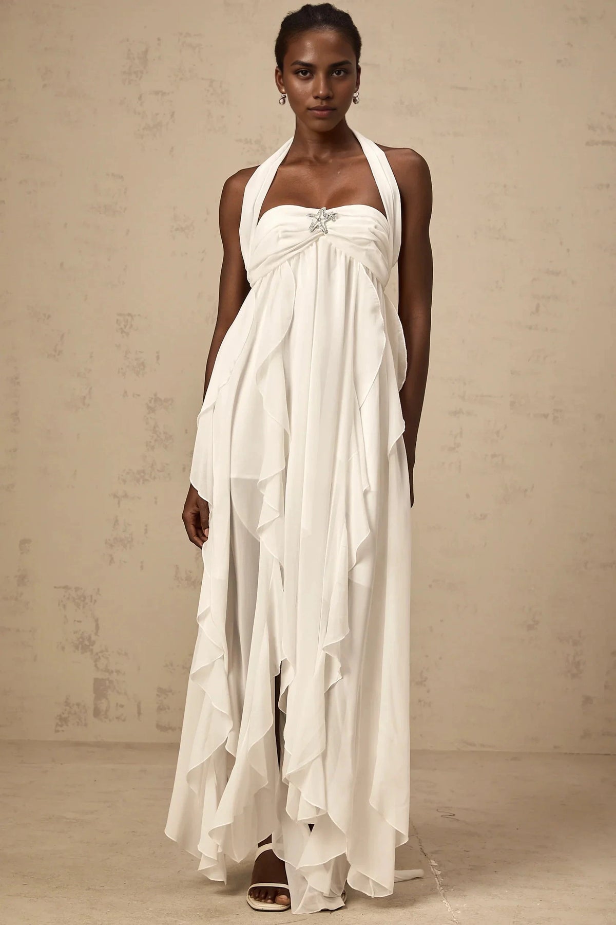White Halter Neck Ruffled Open - Back Maxi Dress White Chiffon Ruffle Halterneck Maxi Dress Evening Dress by YiHuiw